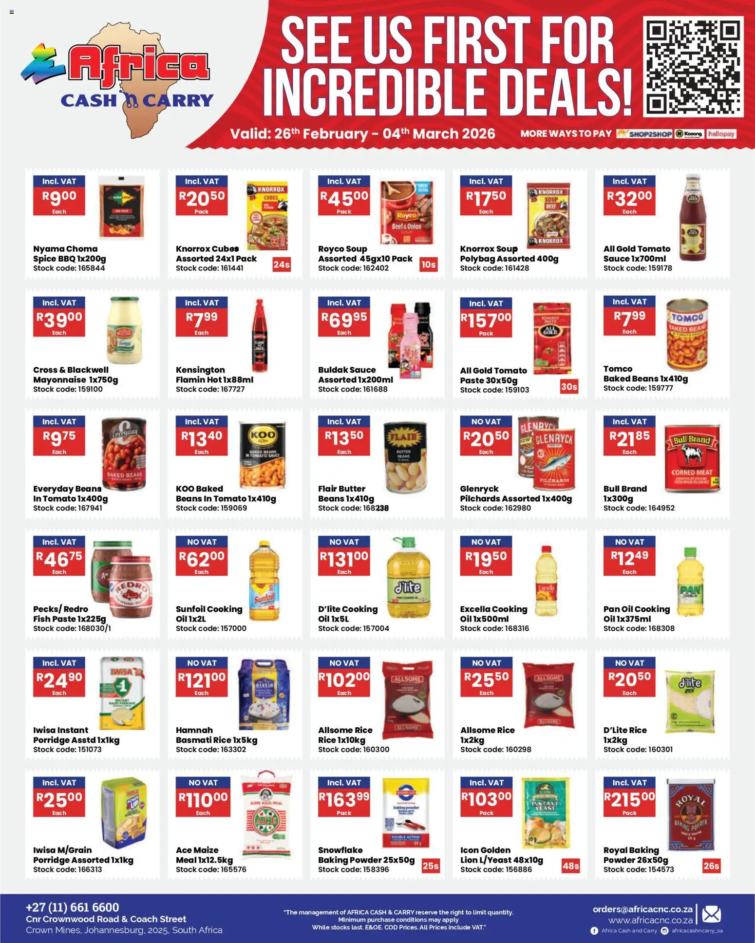 New Africa Cash & Carry catalogue – valid from 26.02.2026 | Page: 18 | Products: Pilchards, Rice, Soup, Baking powder