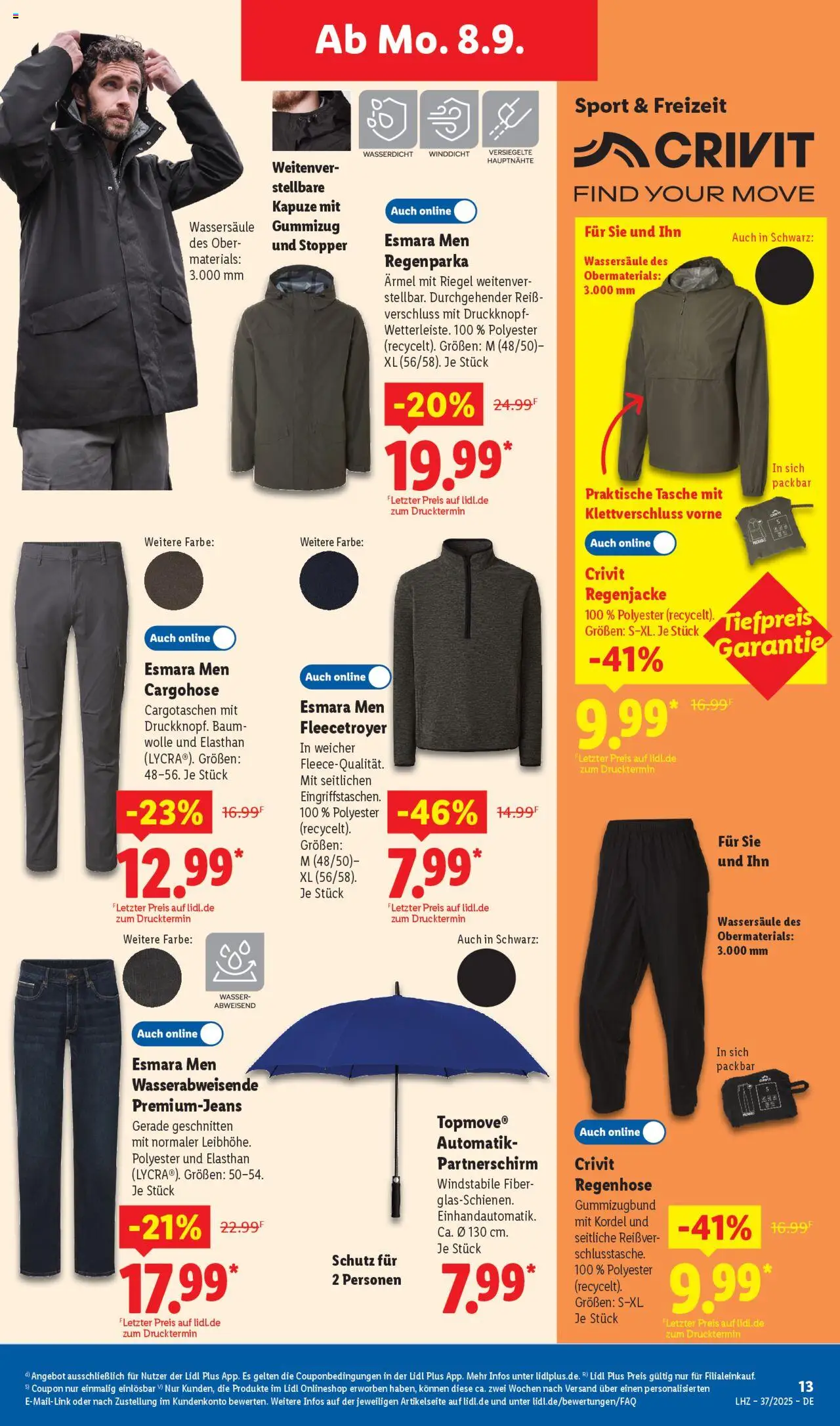 Lidl Prospekt Holzminden	 - gültig ab dem 08.09.2025 | Seite: 7 | Produkte: Tasche, Regenjacke, Cargohose, Wasser