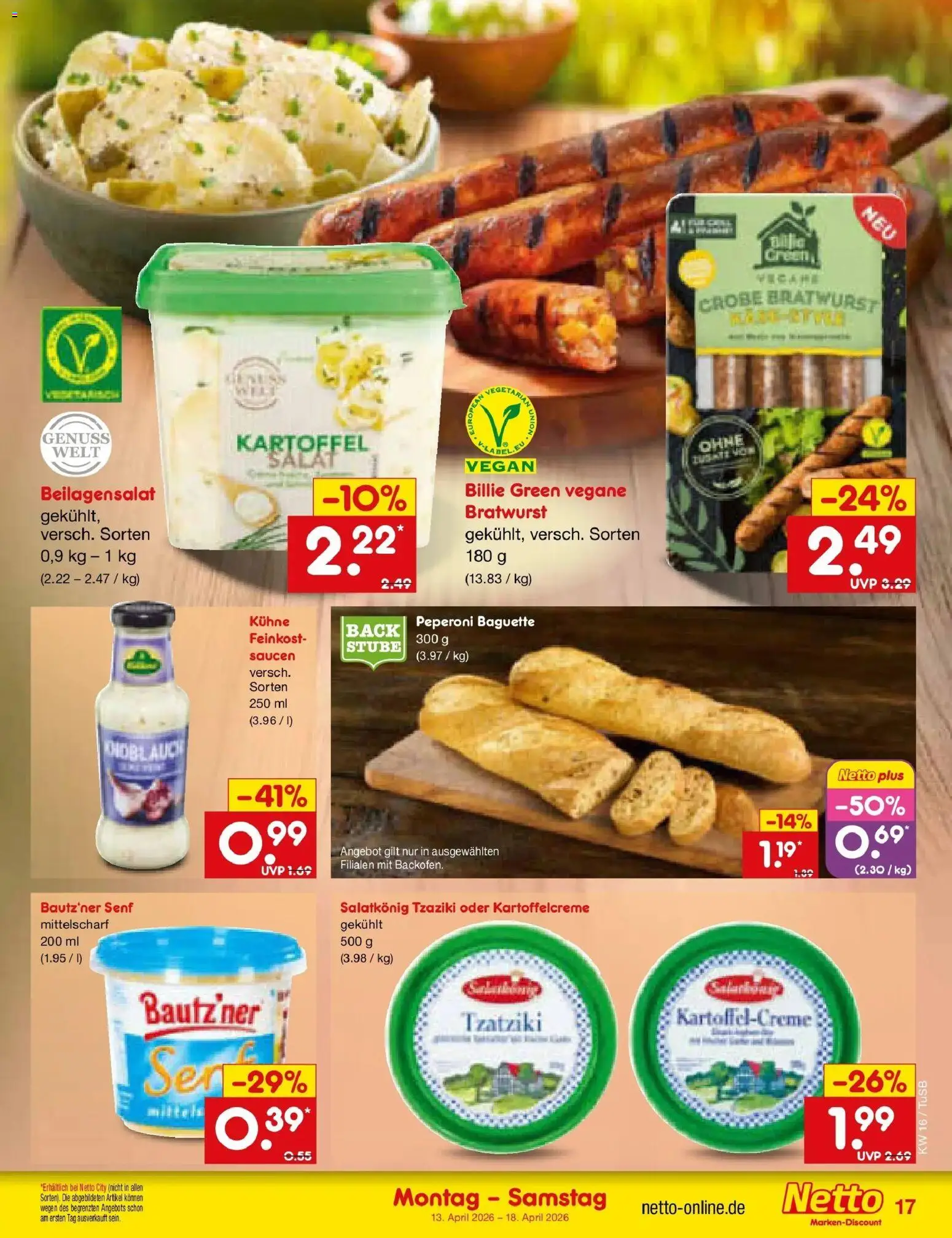 Netto Marken-Discount Prospekt Lahr-Langenwinkel	 – gültig ab 13.04.2026 | Seite: 15 | Produkte: Bratwurst, Baguette, Salat