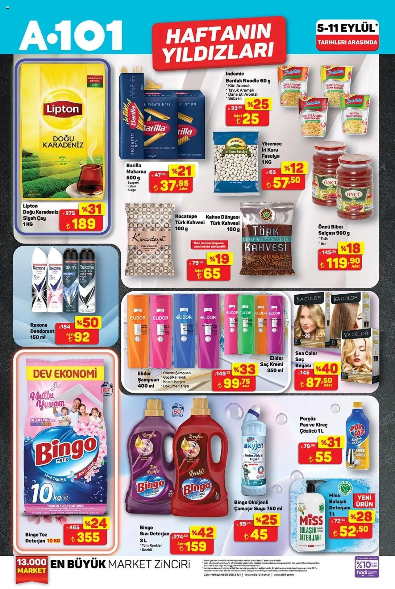 A101 Katalog - 05.09.2025 tarihinden itibaren geçerlidir | Sayfa: 1 | Ürünler: Şampuan, Deterjan, Çay, Zselatin