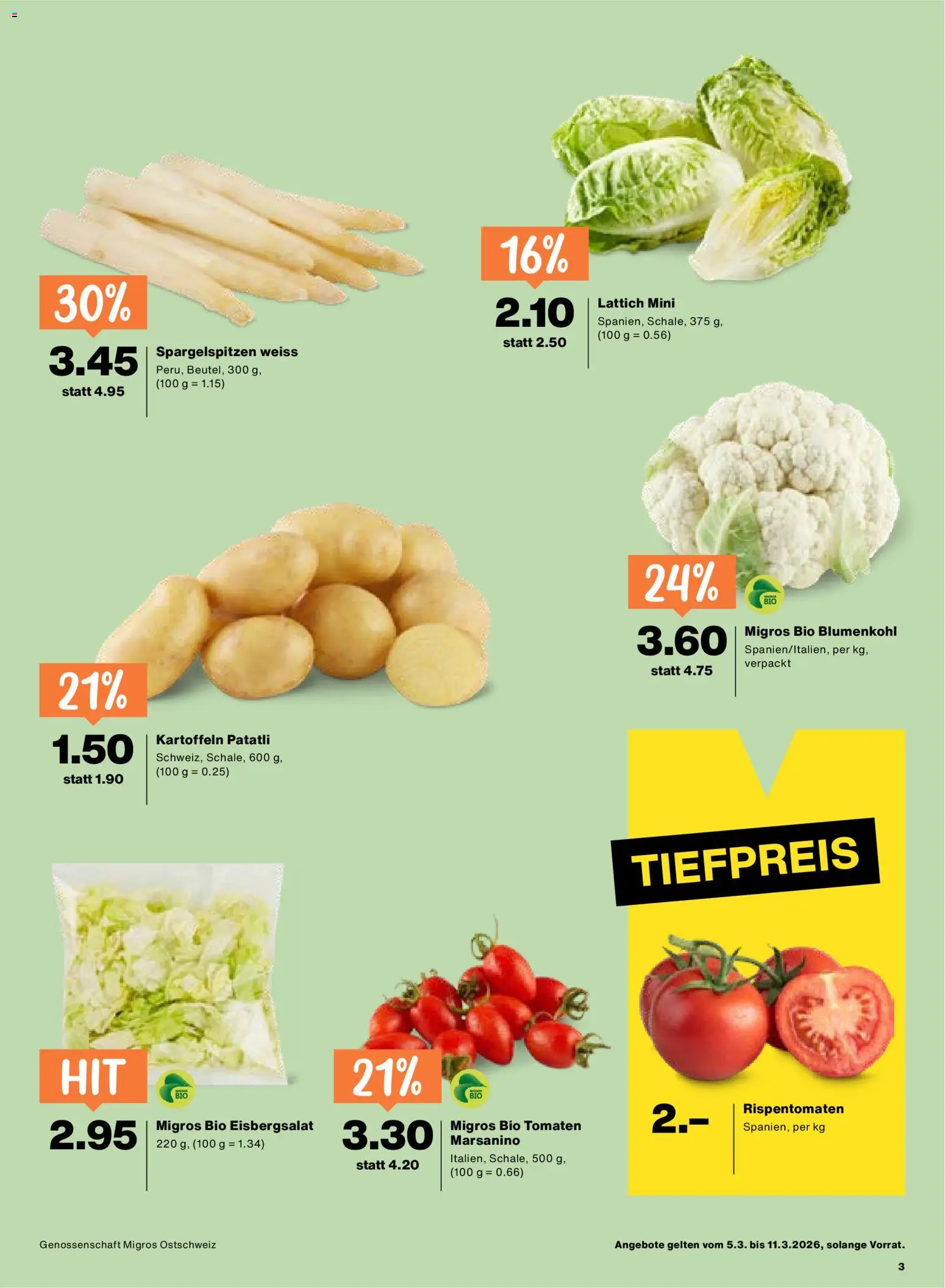 Migros aktionen – gültig ab 03.03.2026 | Seite: 3 | Produkte: Tomaten, Blumenkohl, Kartoffeln