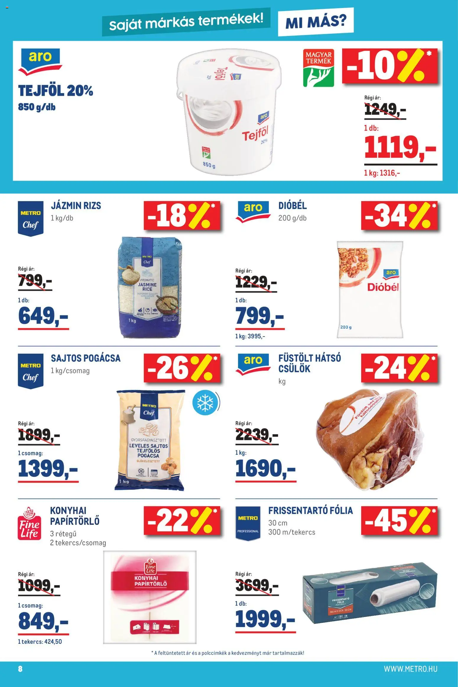 Metro akciós ujság - amely érvényes a következő dátumtól: 01.03.2026 | Oldal: 8 | Termékek: Papírtörlő, Jázmin rizs, Tejföl, Pogácsa