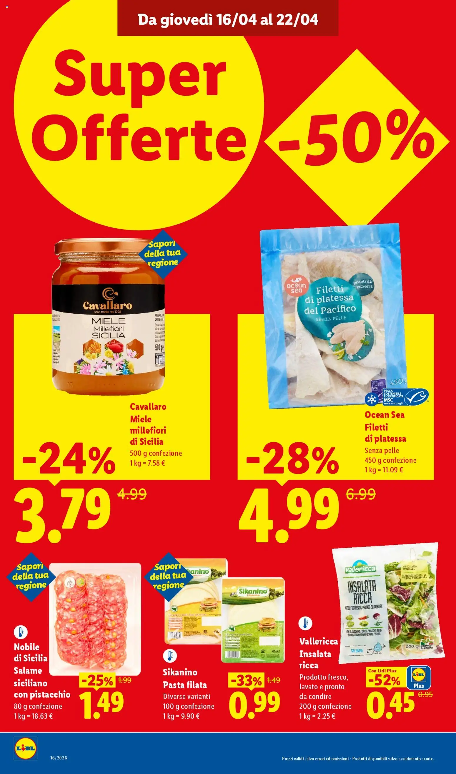 Volantino Lidl del 16.04.2026 | Pagina: 8 | Prodotti: Salame, Pasta, Pesca, Miele
