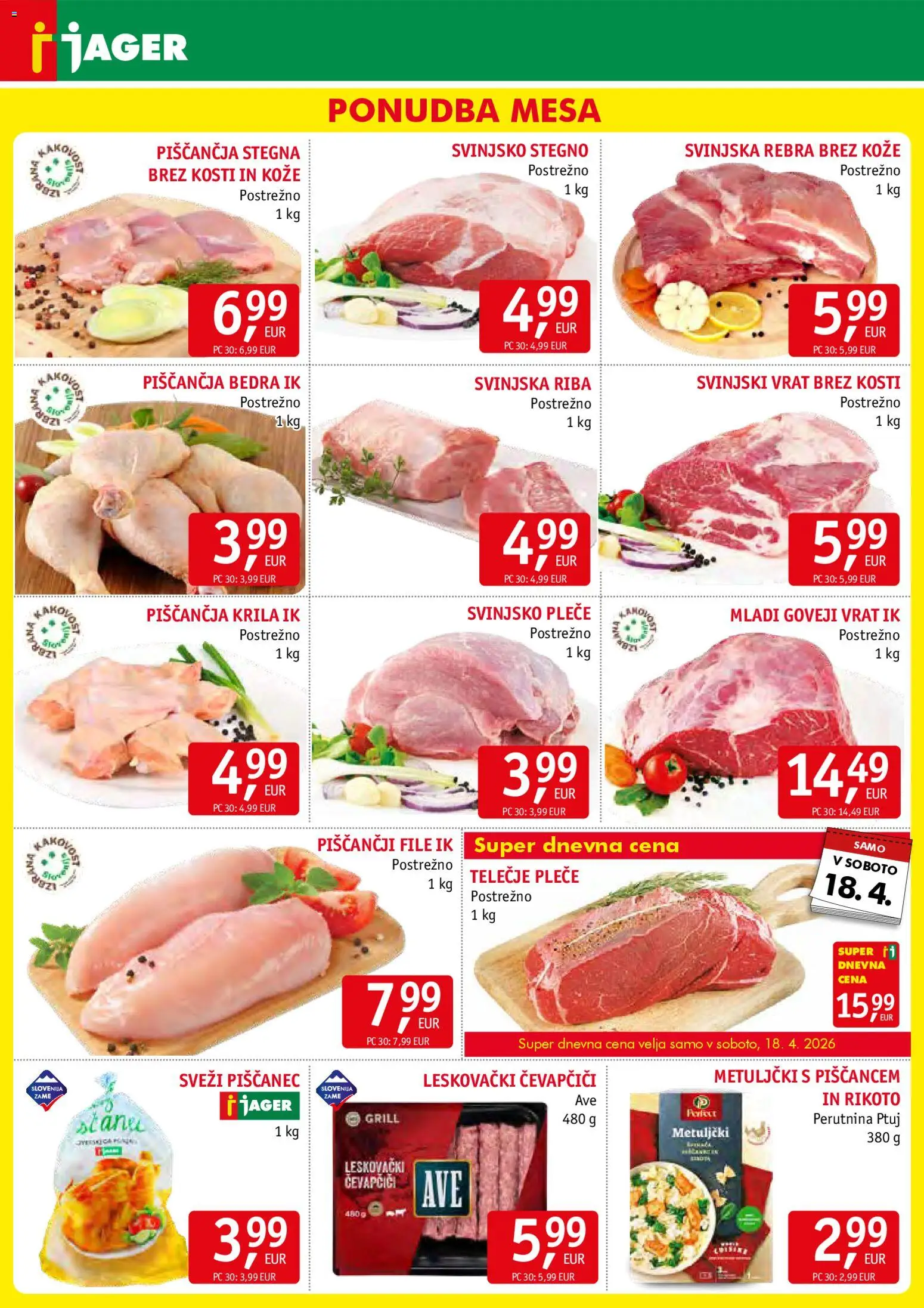 Novi Jager katalog ponudbe – veljaven od 15.04.2026 | Stran: 3 | Izdelki: Čevapčiči, Piščančja bedra, Riba, Grill
