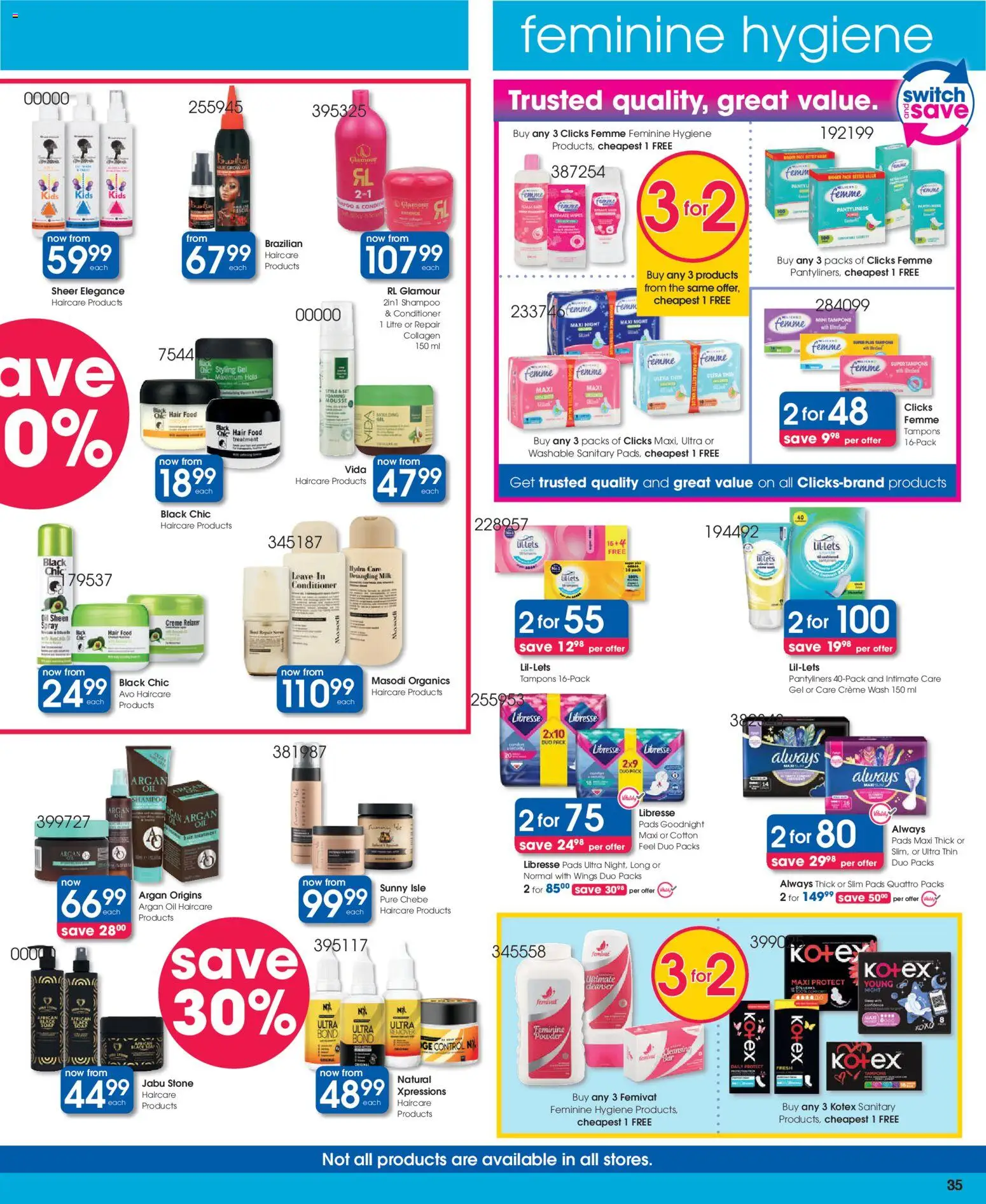 New Clicks catalogue – valid from 23.04.2026 | Page: 35 | Products: Pads, Milk, Conditioner, Sanitary products