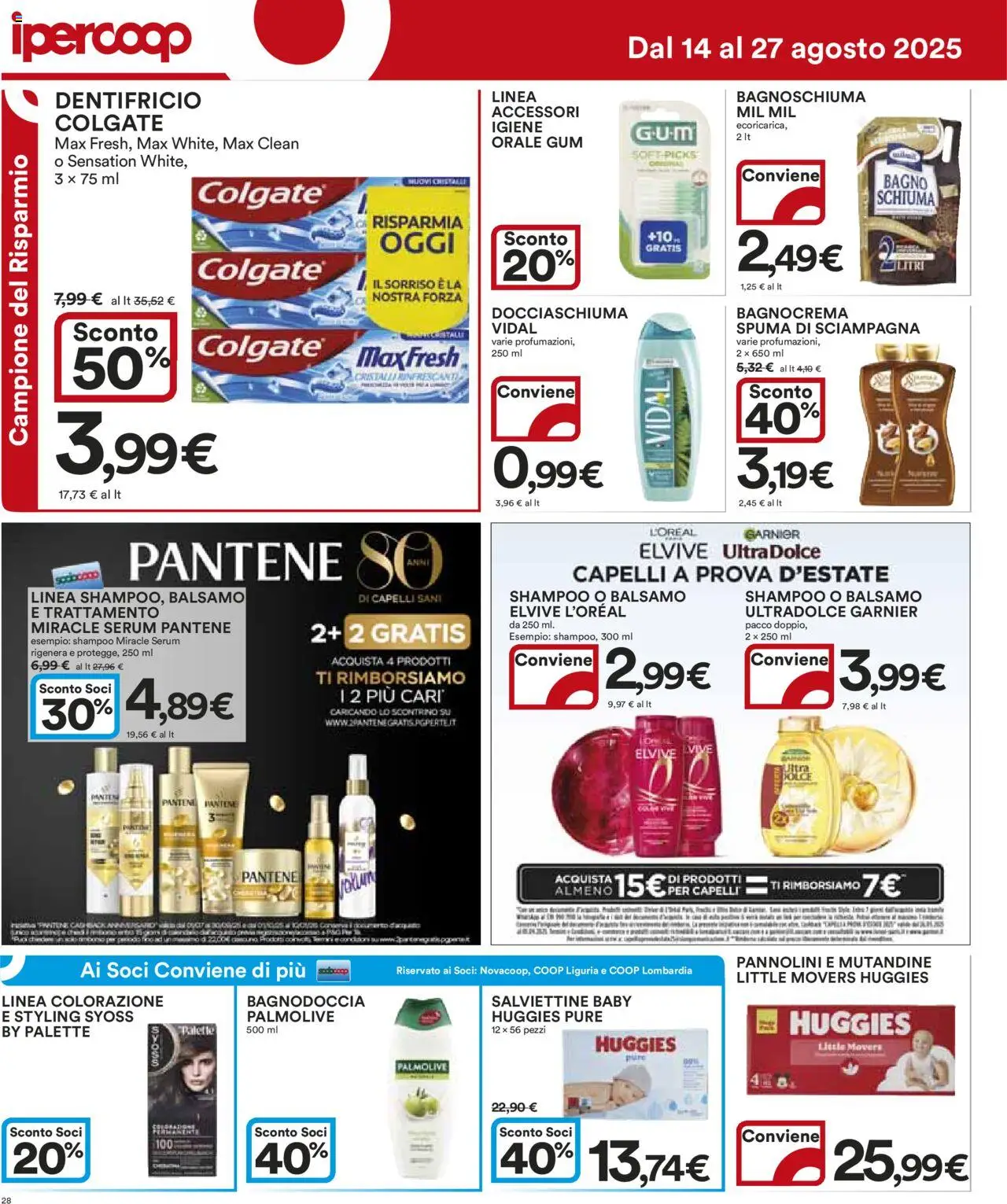 Volantino Ipercoop del 14.08.2025 | Pagina: 28 | Prodotti: Balsamo, Pannolini, Bagnoschiuma, Mutandine