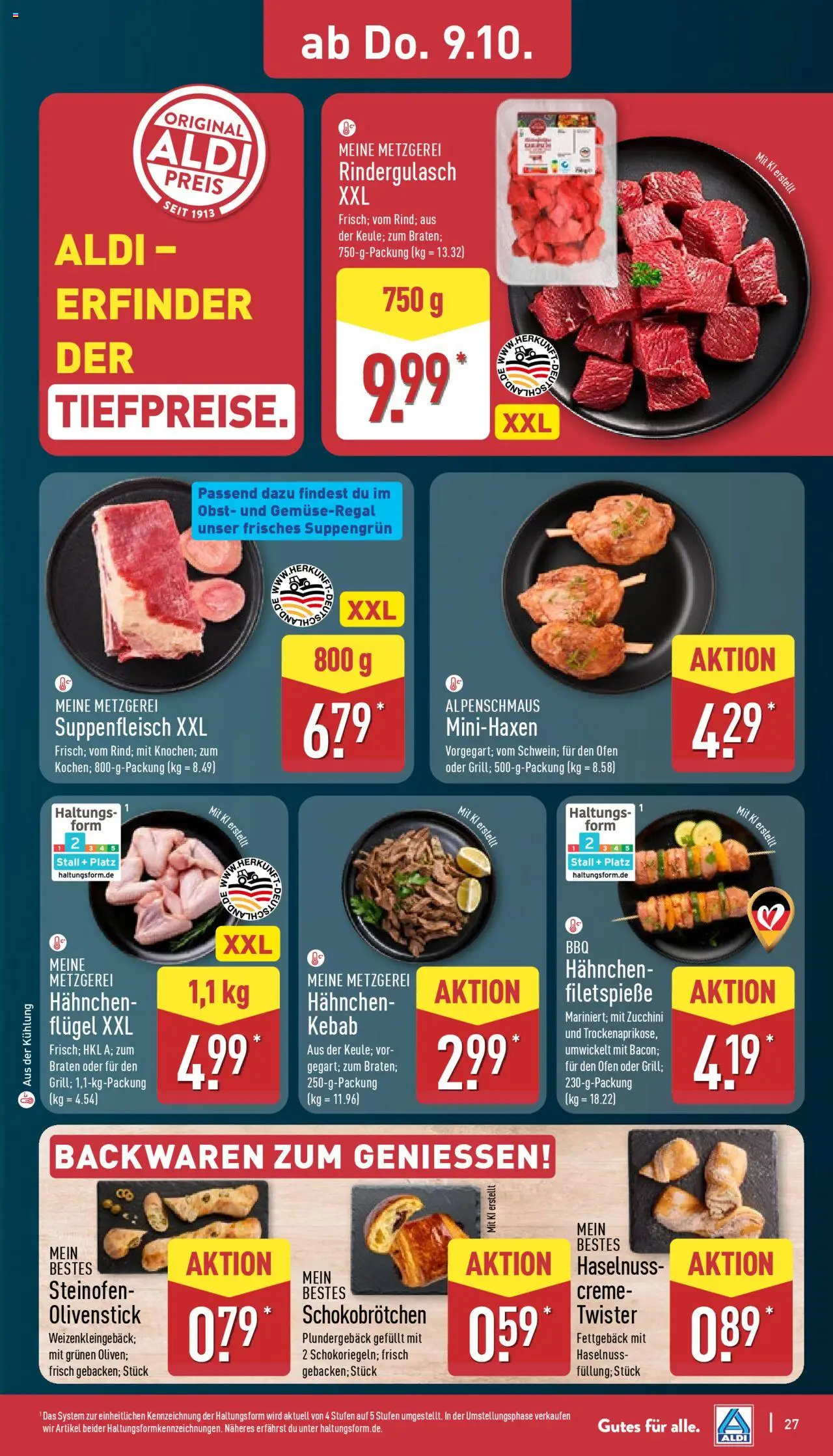 Aldi Prospekt 	 – gültig ab 06.10.2025 | Seite: 27 | Produkte: Rindergulasch, Hahnchen, Creme, Zucchini