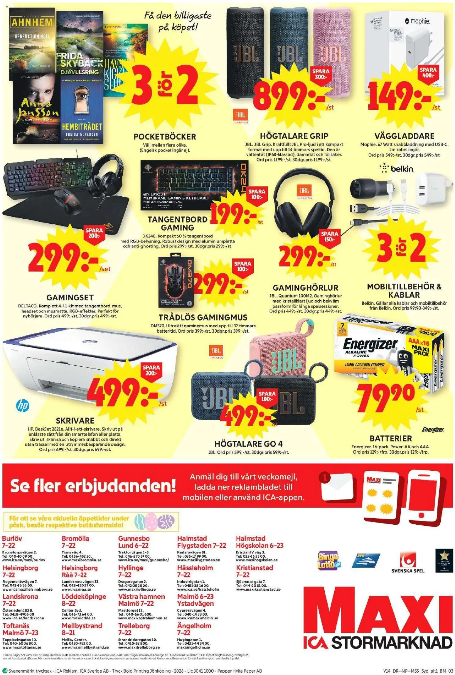 ICA Maxi reklamblad aktuell från 30.03.2026 | Sida: 18 | Produkter: Batterier, Galler, Skrivare, Högtalare