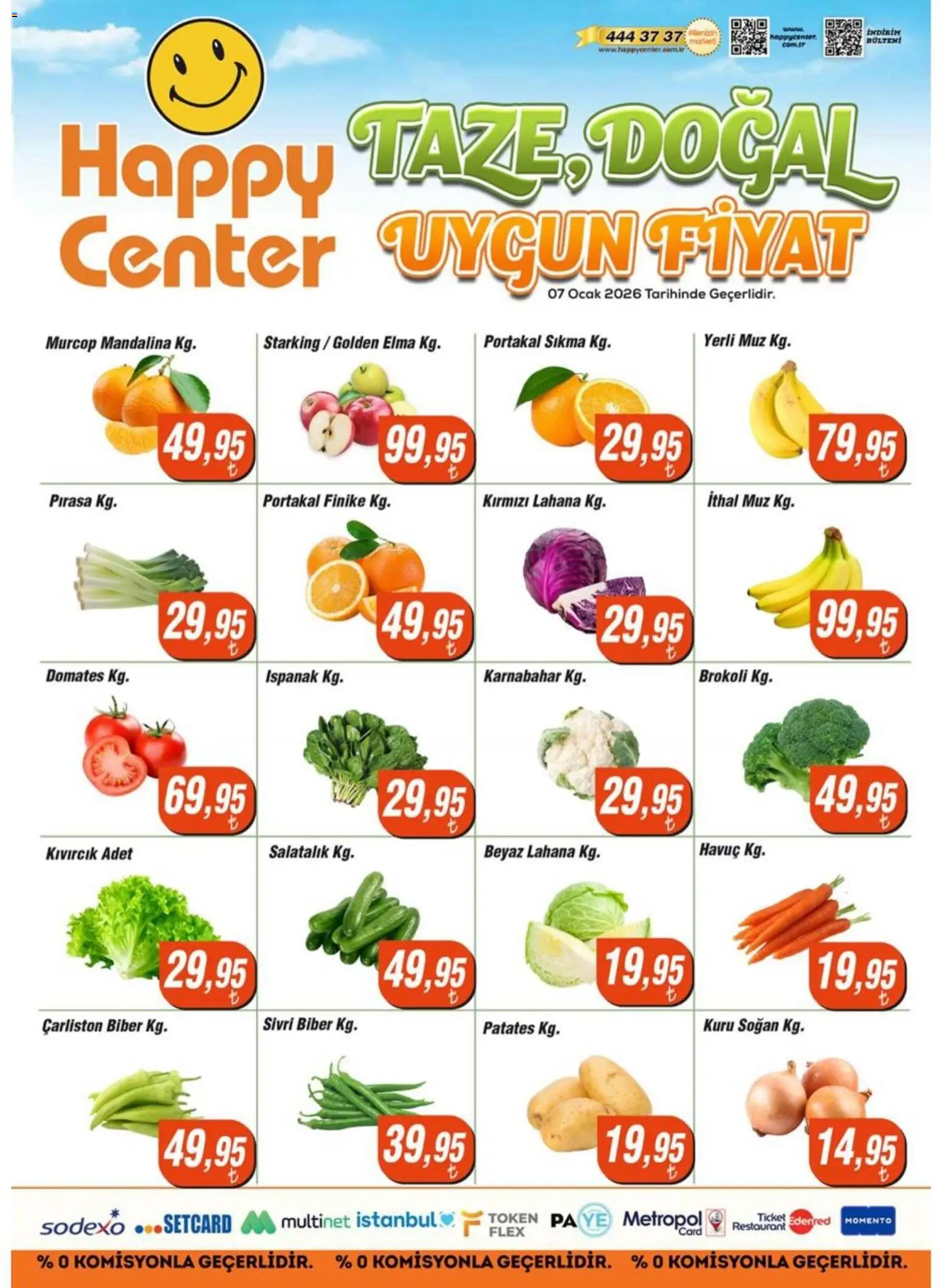 Happy Center Manav - 07.01.2026 tarihinden itibaren geçerlidir | Sayfa: 1 | Ürünler: Elma, Mandalina, Soğan, Lahana