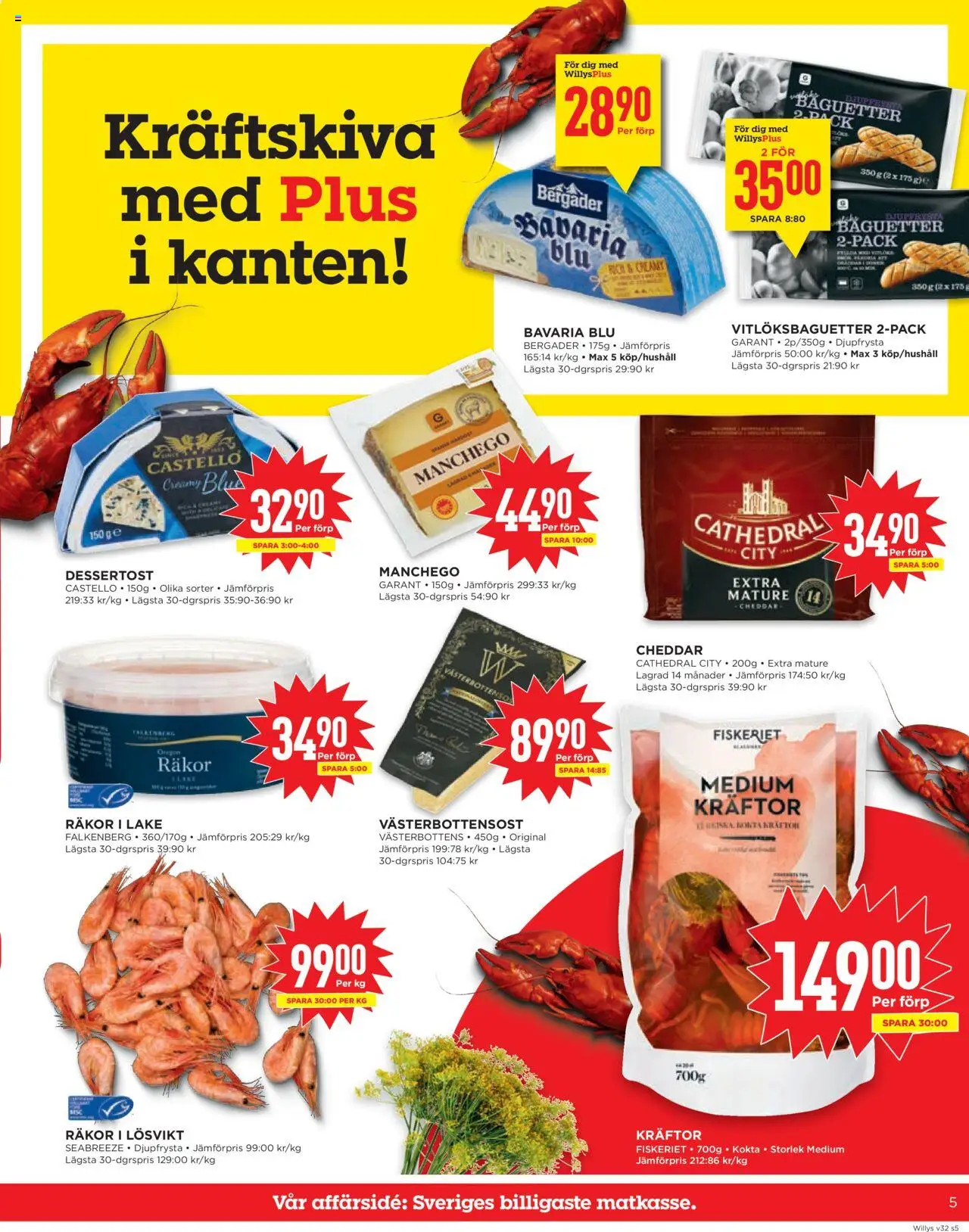 Willys reklamblad aktuell från 04.08.2025 | Sida: 5 | Produkter: Baguette, Kräftor, Cheddar, Räkor