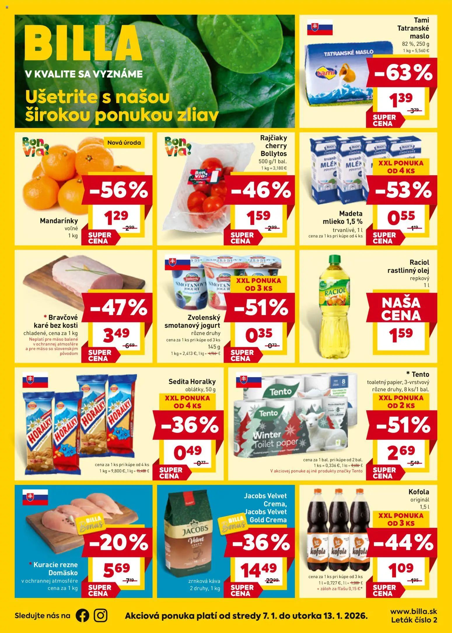 Nové Billa akcie – leták je platný od 07.01.2026 | Strana: 1 | Produkty: Olej, Kofola, Mandarinky, Horálky
