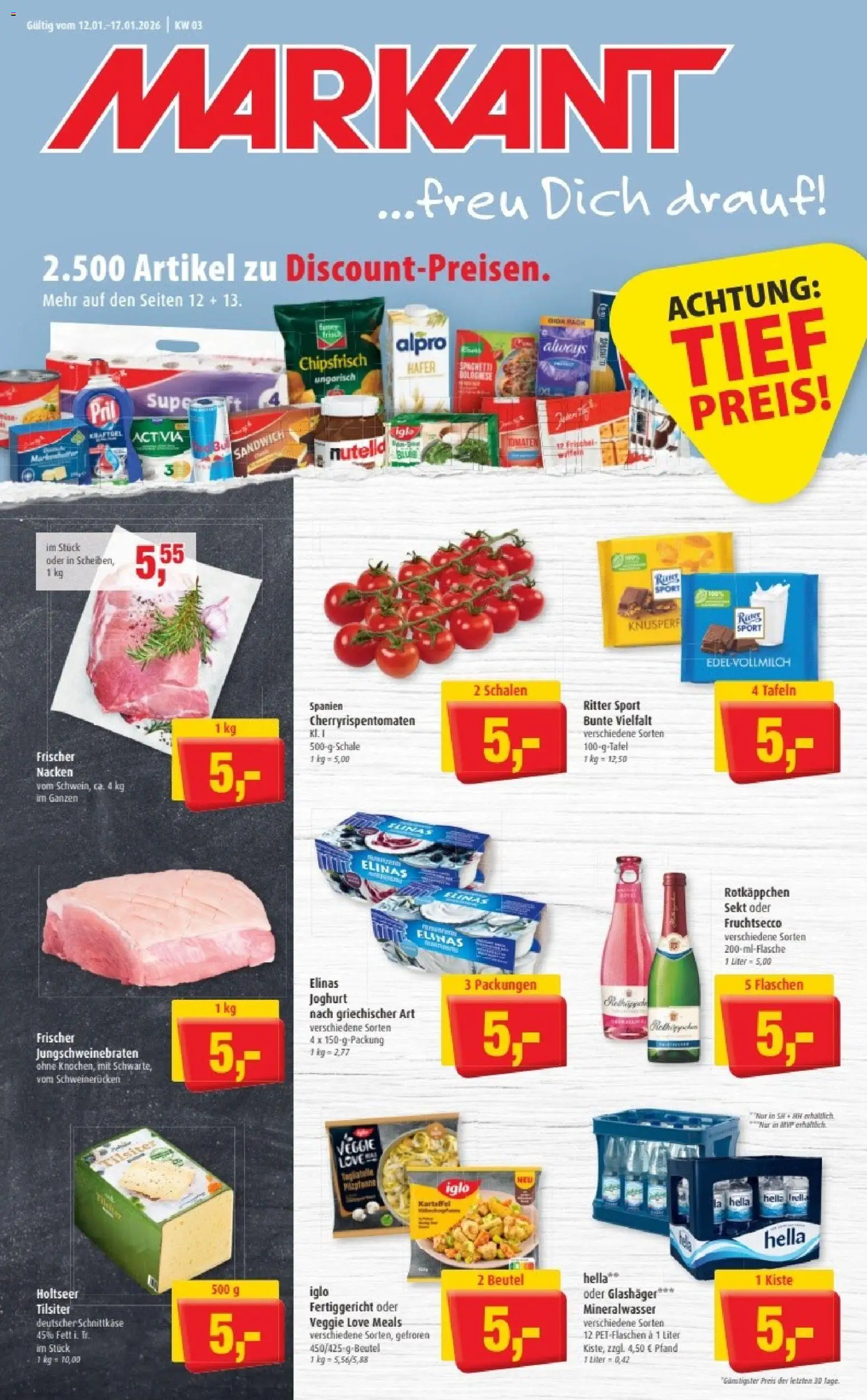 Markant Prospekt 	 – gültig ab 12.01.2026 | Seite: 1 | Produkte: Sekt, Tomaten, Mineralwasser, Schweinerucken