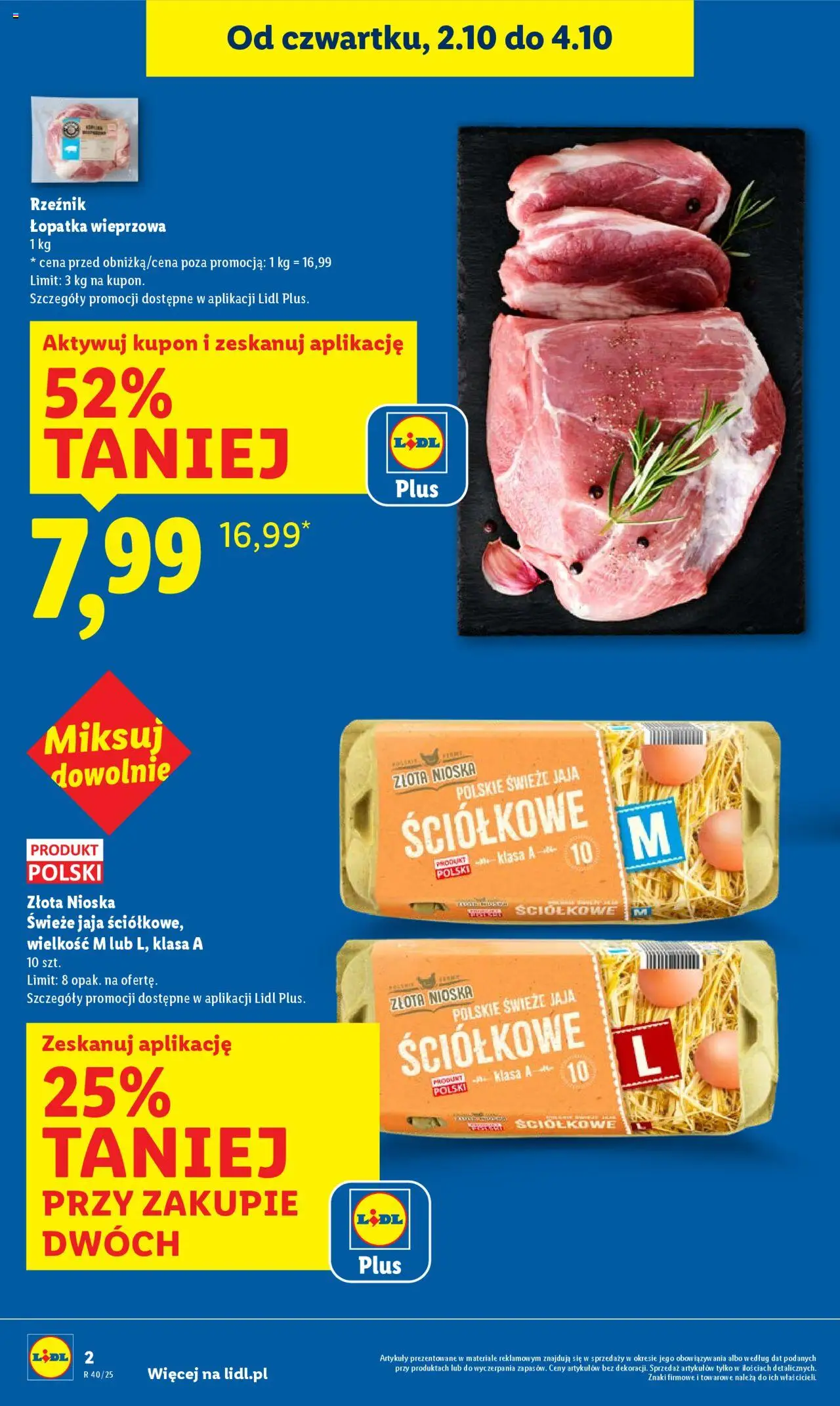 Lidl Gazetka od 02.10.2025 | Strona: 2 | Produkty: Łopatka wieprzowa, Jaja