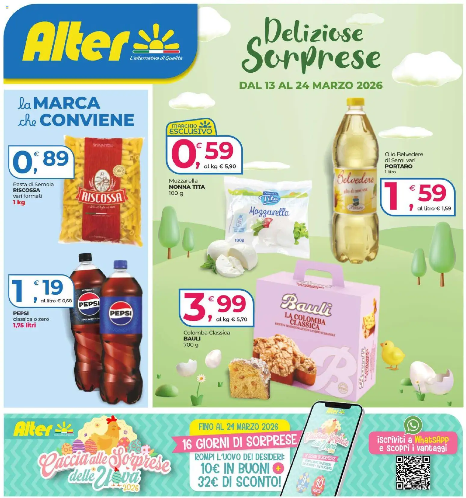 Volantino Alter Discount del 13.03.2026 | Pagina: 1 | Prodotti: Zucchero, Mozzarella, Pasta, Pepsi