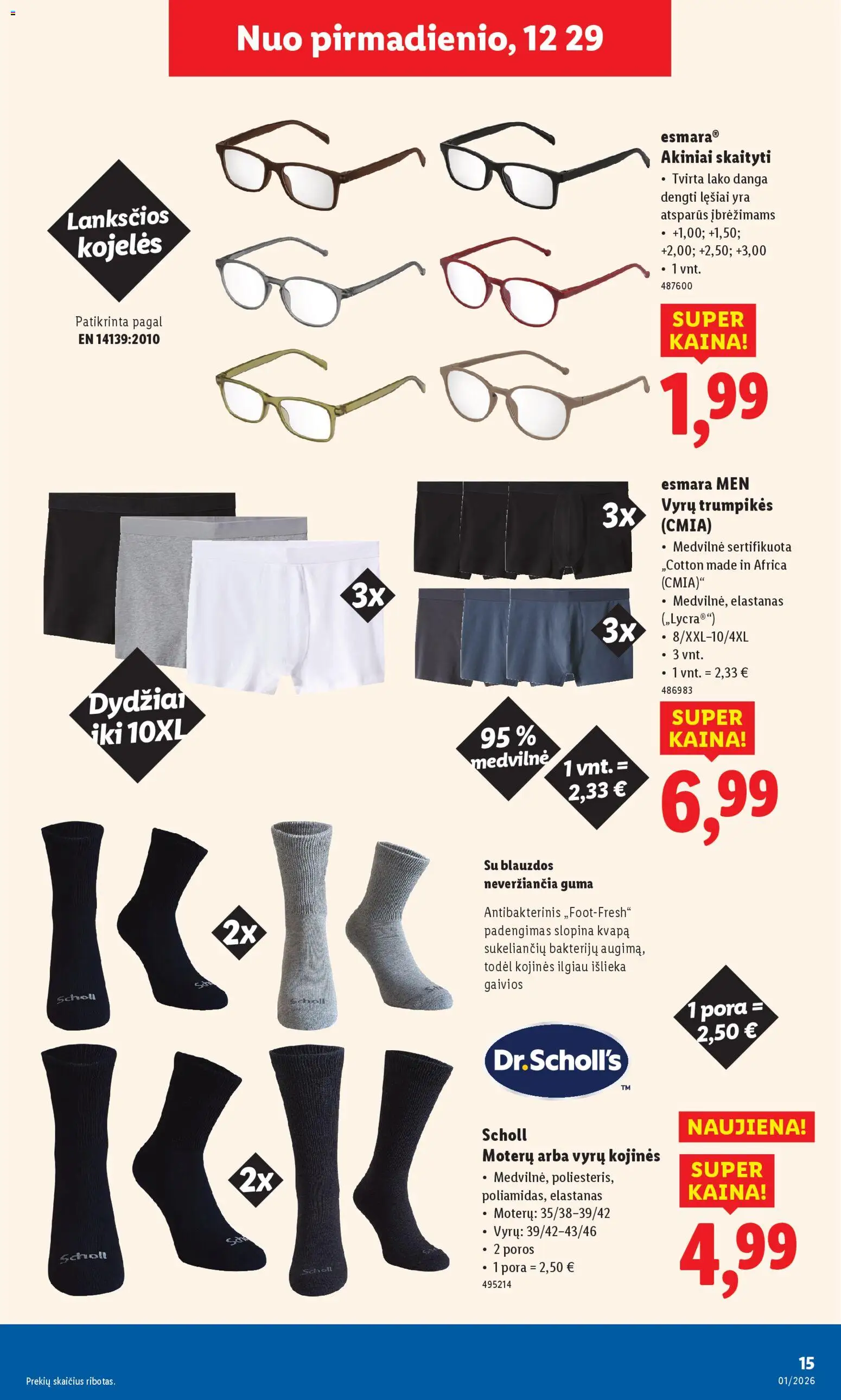 LIDL akcijos nuo 29.12.2025 | Puslapis: 15 | Prekių: Kojinės, Trumpikės, Akiniai