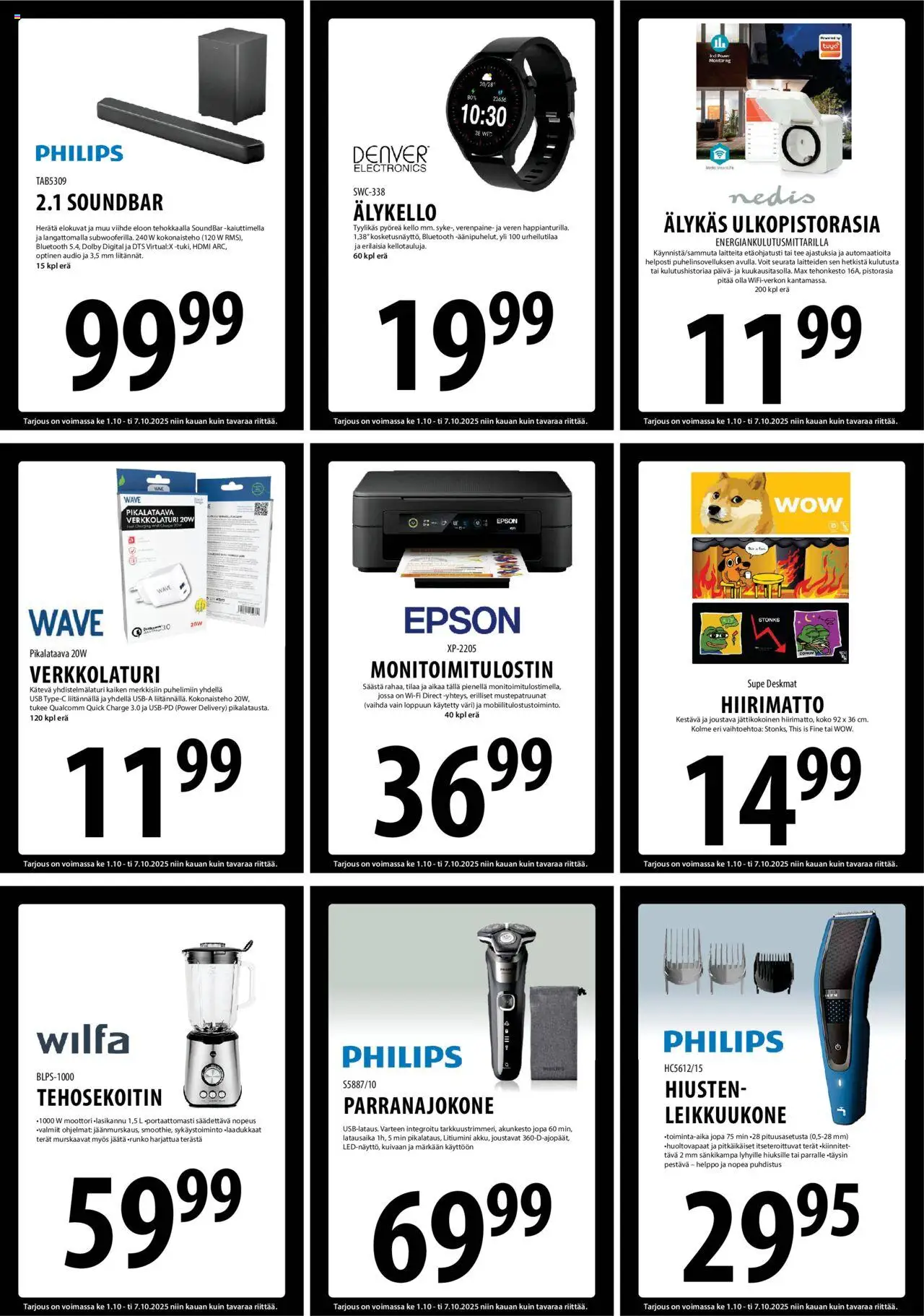 Tuuri tarjoukset – voimassa 01.10.2025 alkaen | Sivu: 9 | Tuotteet: USB, Parranajokone, Monitoimitulostin, Kello