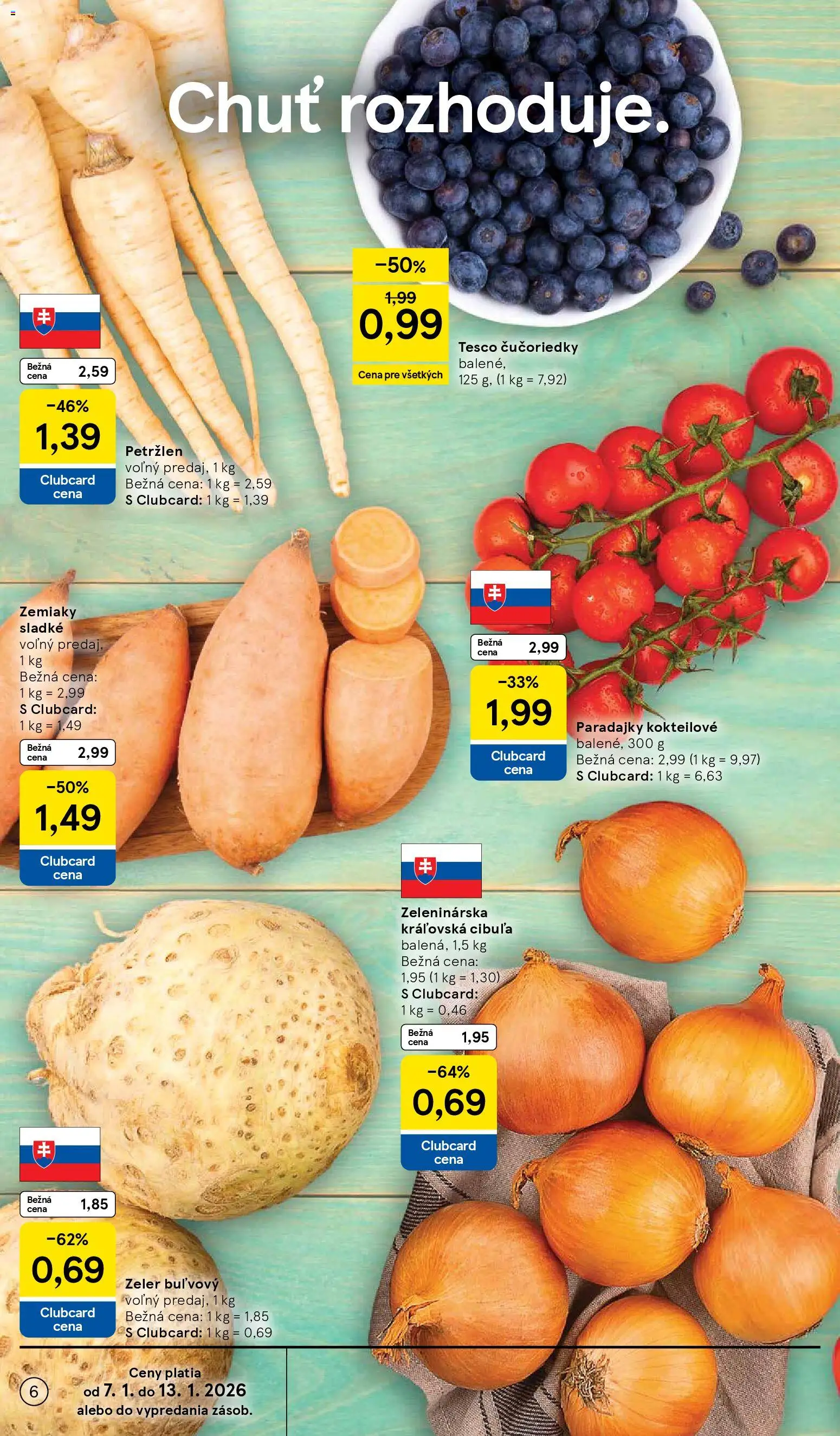 Nové Tesco akcie – leták je platný od 07.01.2026 | Strana: 6 | Produkty: Čučoriedky, Zemiaky, Petržlen, Zeler