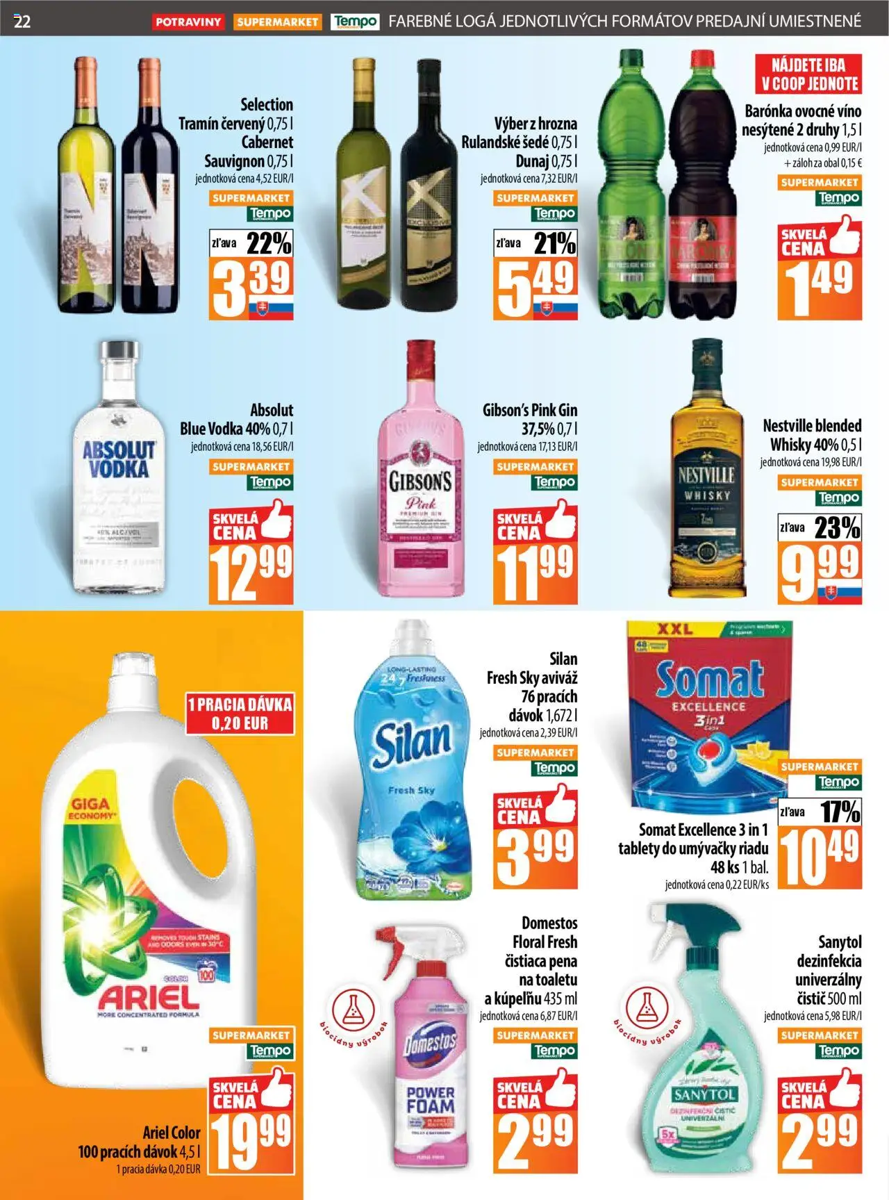 Nové COOP Jednota akcie – leták je platný od 16.10.2025 | Strana: 22 | Produkty: Sanytol, Gin, Ariel, Vodka