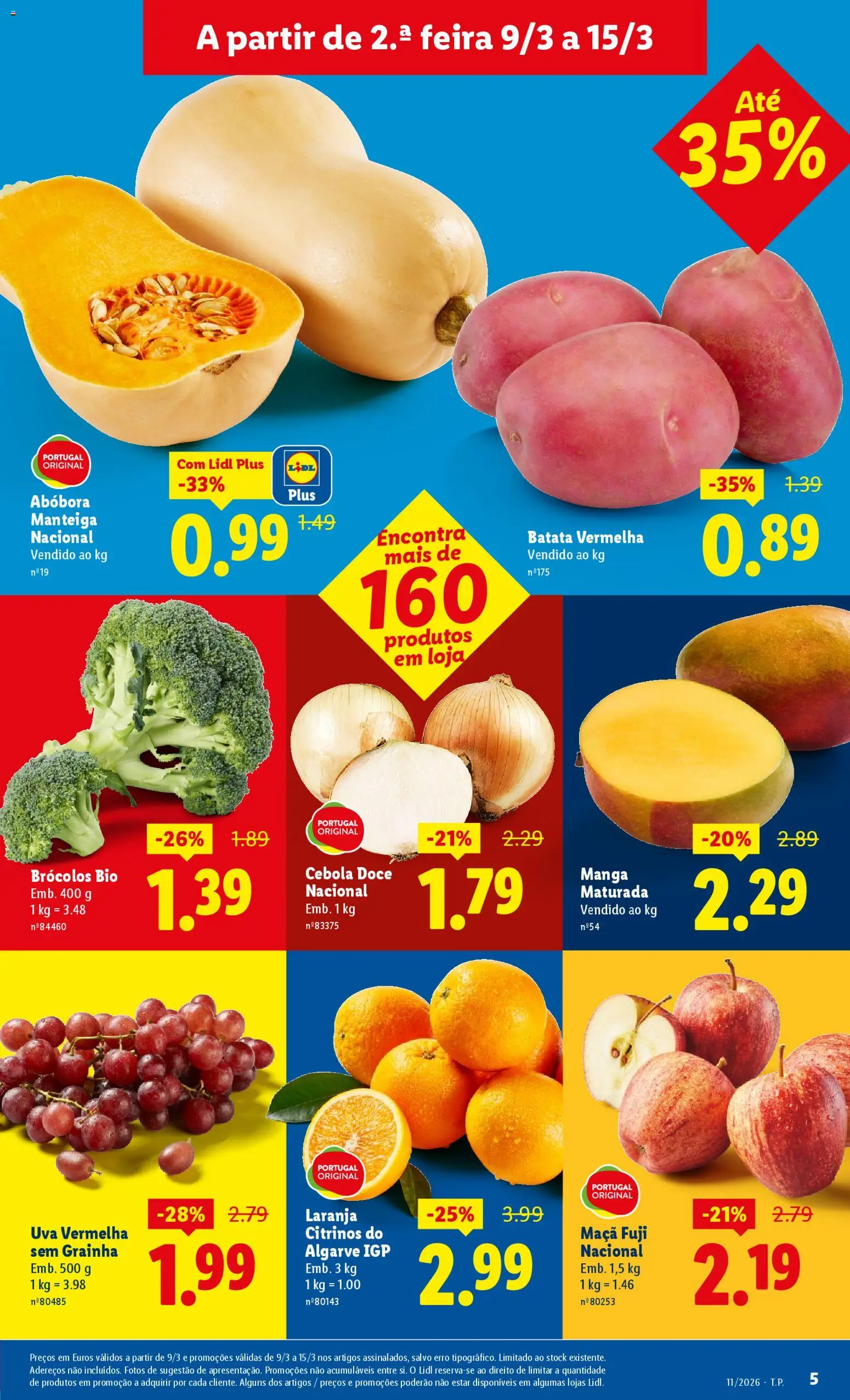 Lidl folheto │ válido de 09.03.2026 | Página: 5 | Produtos: Brócolos, Cebola, Manteiga, Abóbora