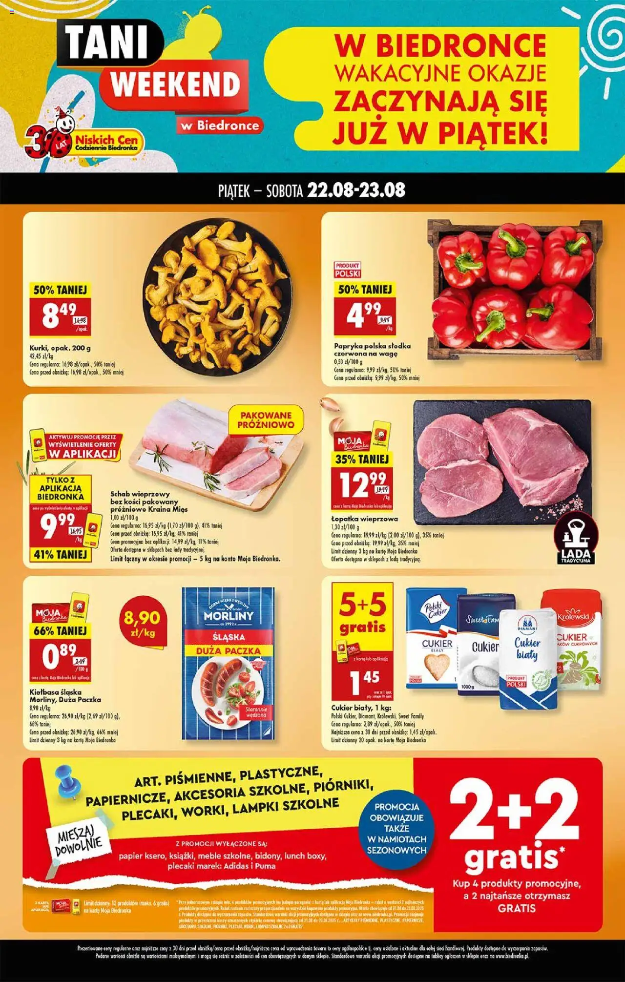 Biedronka gazetka - Tani weekend od 22.08.2025 | Strona: 1 | Produkty: Karta, Kraina mięs, Schab wieprzowy bez kości, Kiełbasa śląska