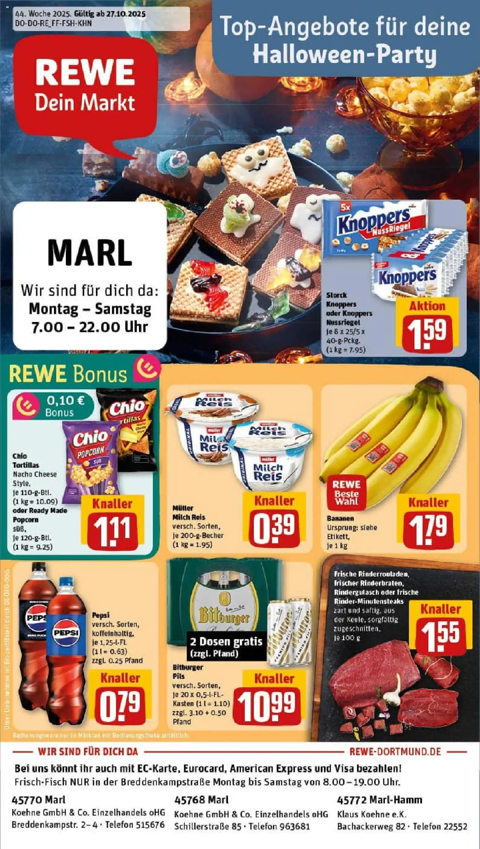 Rewe prospekt Marl	 – gültig ab 26.10.2025 | Seite: 1 | Produkte: Bananen, Knoppers, Chio tortillas, Reis