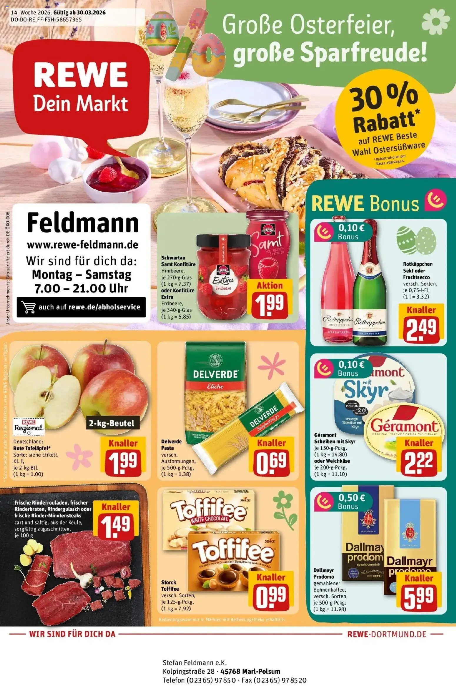 Rewe Prospekt Marl	 – gültig ab 30.03.2026 | Seite: 1 | Produkte: Geramont, Schwartau samt, Skyr, Fruchtsecco