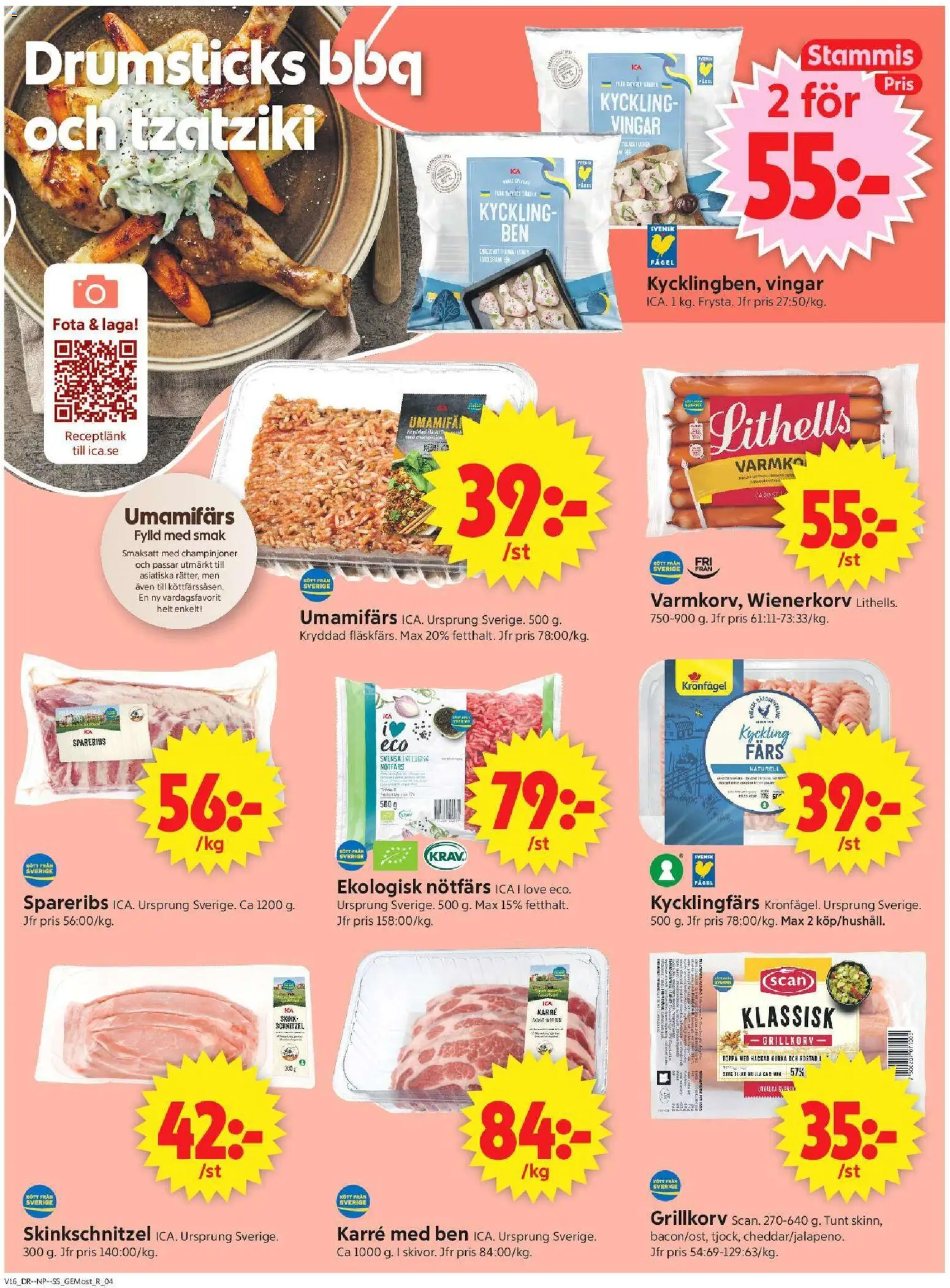 ICA Supermarket reklamblad aktuell från 13.04.2026 | Sida: 4 | Produkter: Nötfärs, Tzatziki, Champinjoner, Wienerkorv
