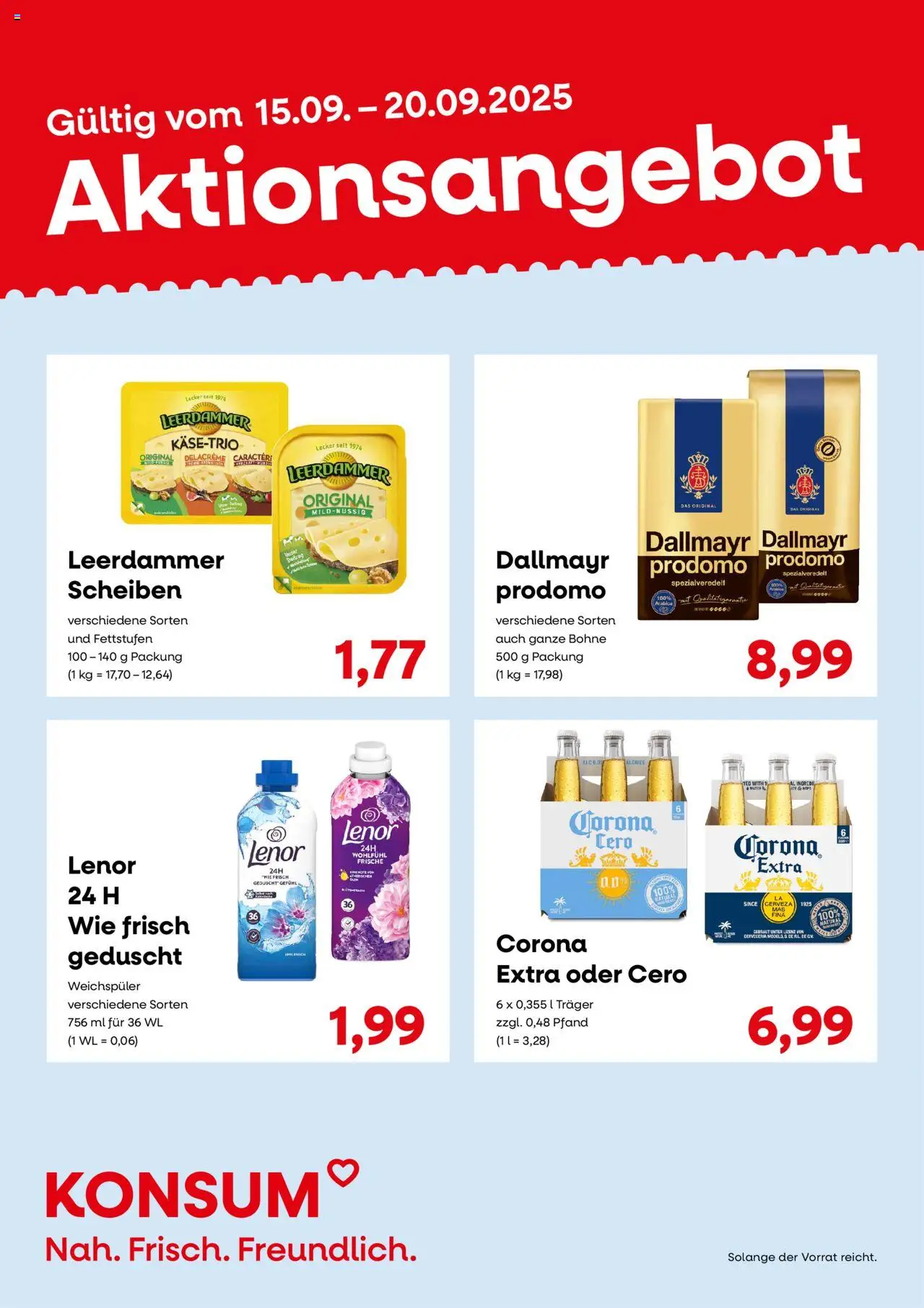 KONSUM Leipzig Prospekt – gültig ab 15.09.2025 | Seite: 4 | Produkte: Leerdammer, Dallmayr, Weichspüler, Dallmayr prodomo