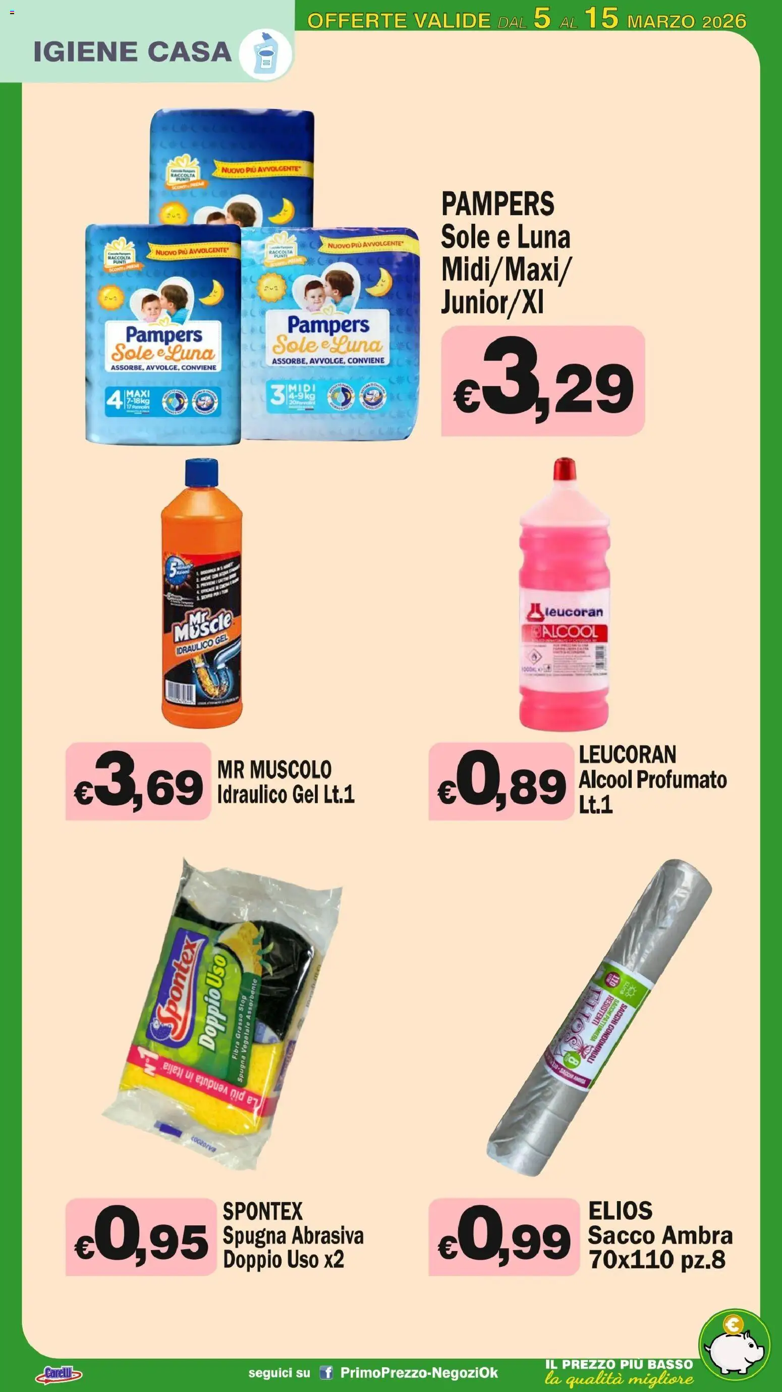 Volantino Primo Prezzo del 05.03.2026 | Pagina: 21 | Prodotti: Spugna, Pannolini, Pampers, Pattumiera