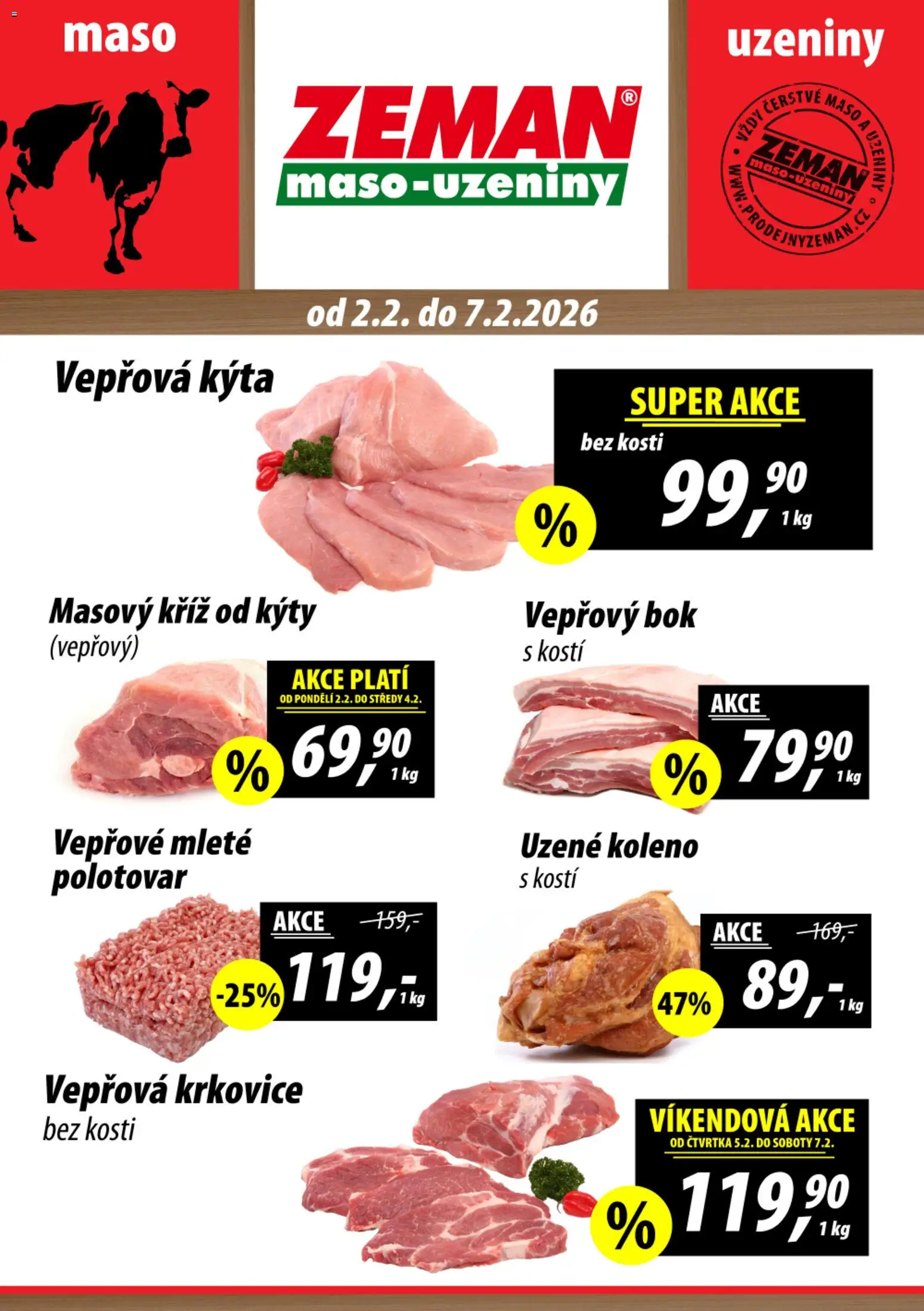 Prodejny Zeman leták od 02.02.2026 | Strana: 1 | Produkty: Uzeniny, Vepřová krkovice bez kosti, Maso, Vepřová Kýta