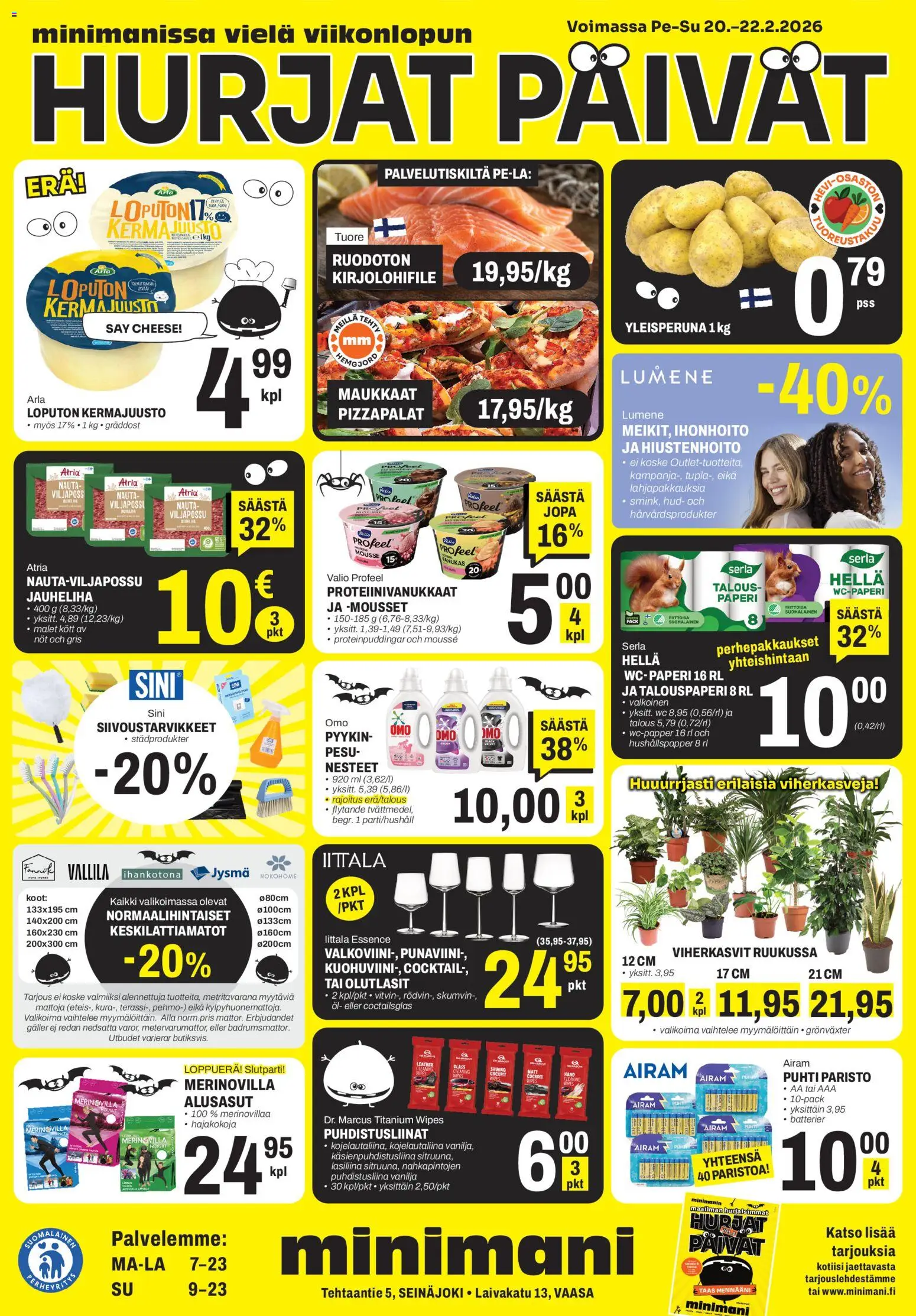 Minimani Tarjoukset - Seinäjoki – voimassa 20.02.2026 alkaen | Sivu: 1 | Tuotteet: Jauheliha, Puhdistusliinat, Housut, Punaviini