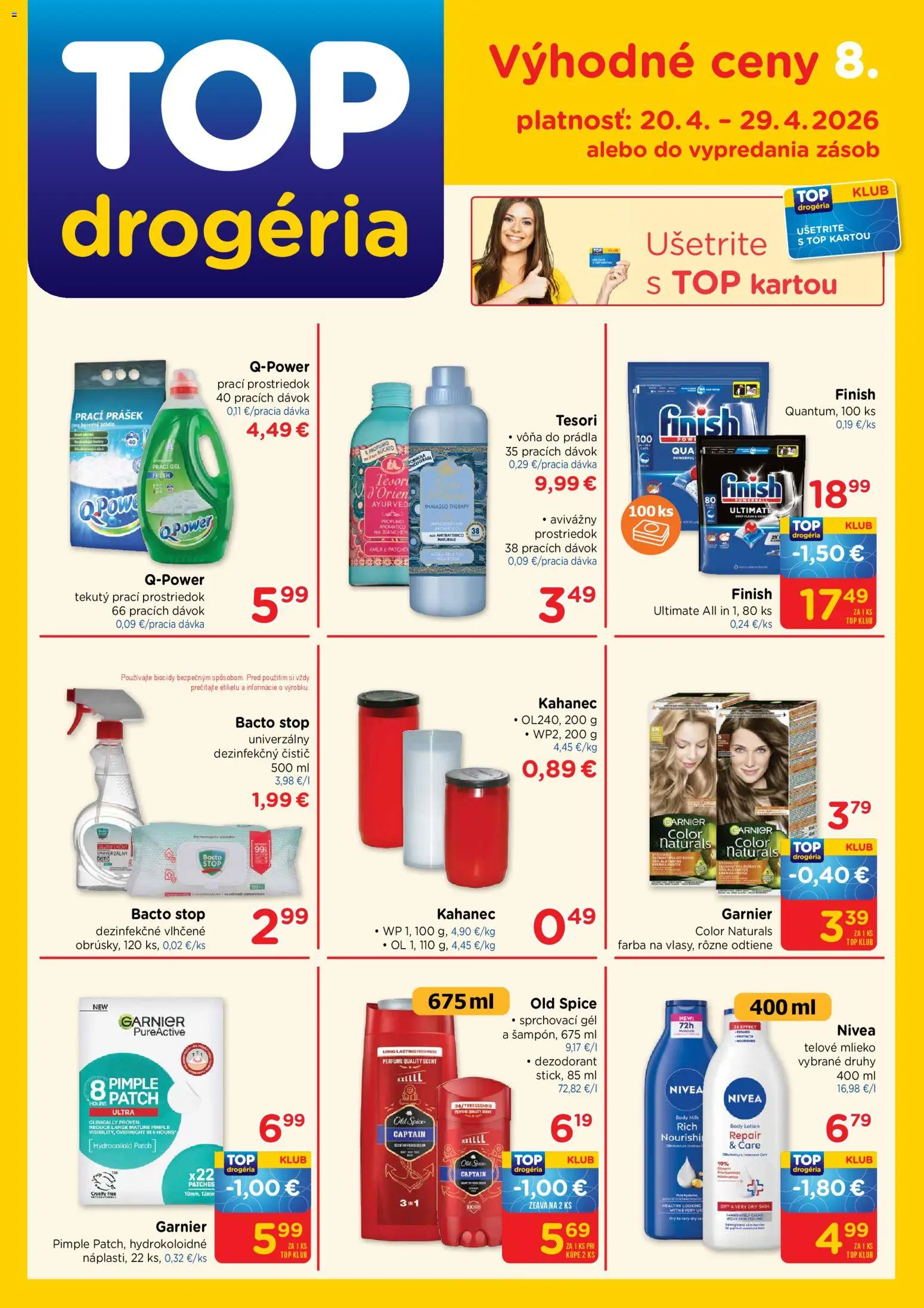 Nové TOP Drogéria akcie – leták je platný od 20.04.2026 | Strana: 1 | Produkty: Nivea, Old Spice, Telové mlieko, Dezodorant