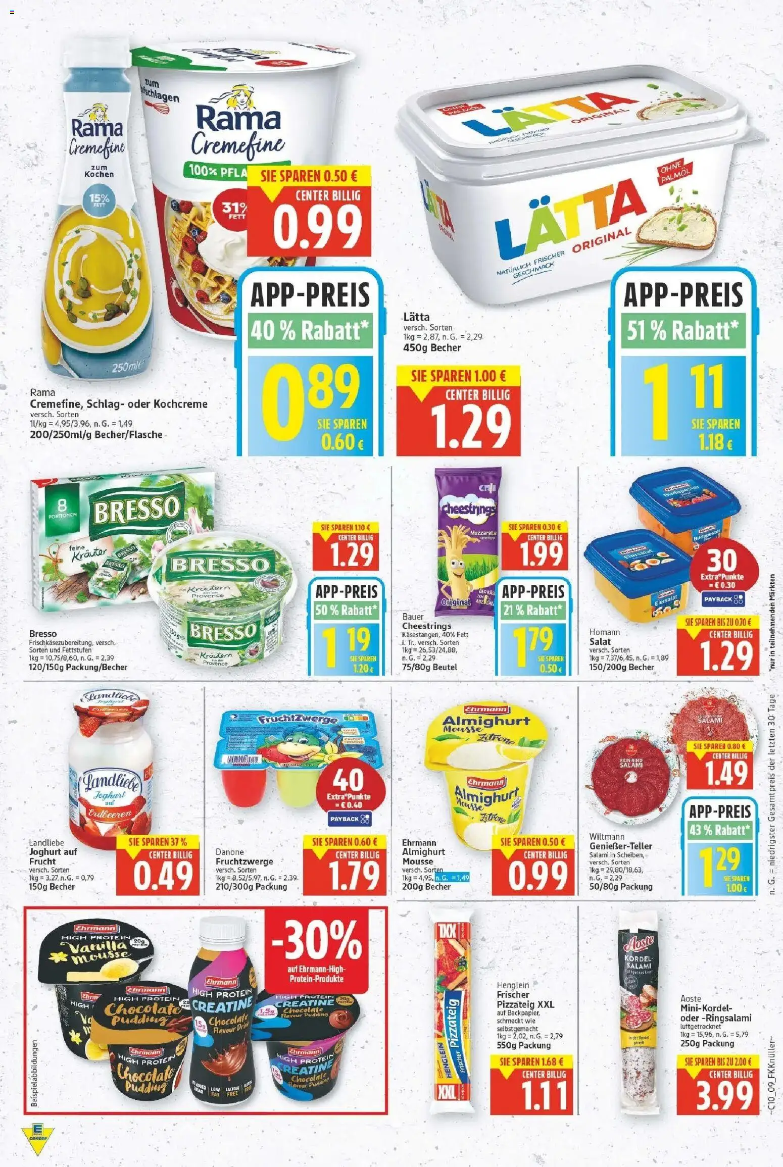 E center Prospekt Strausberg	 – gültig ab 02.03.2026 | Seite: 9 | Produkte: Ehrmann almighurt, Rama cremefine, Bresso, Salami