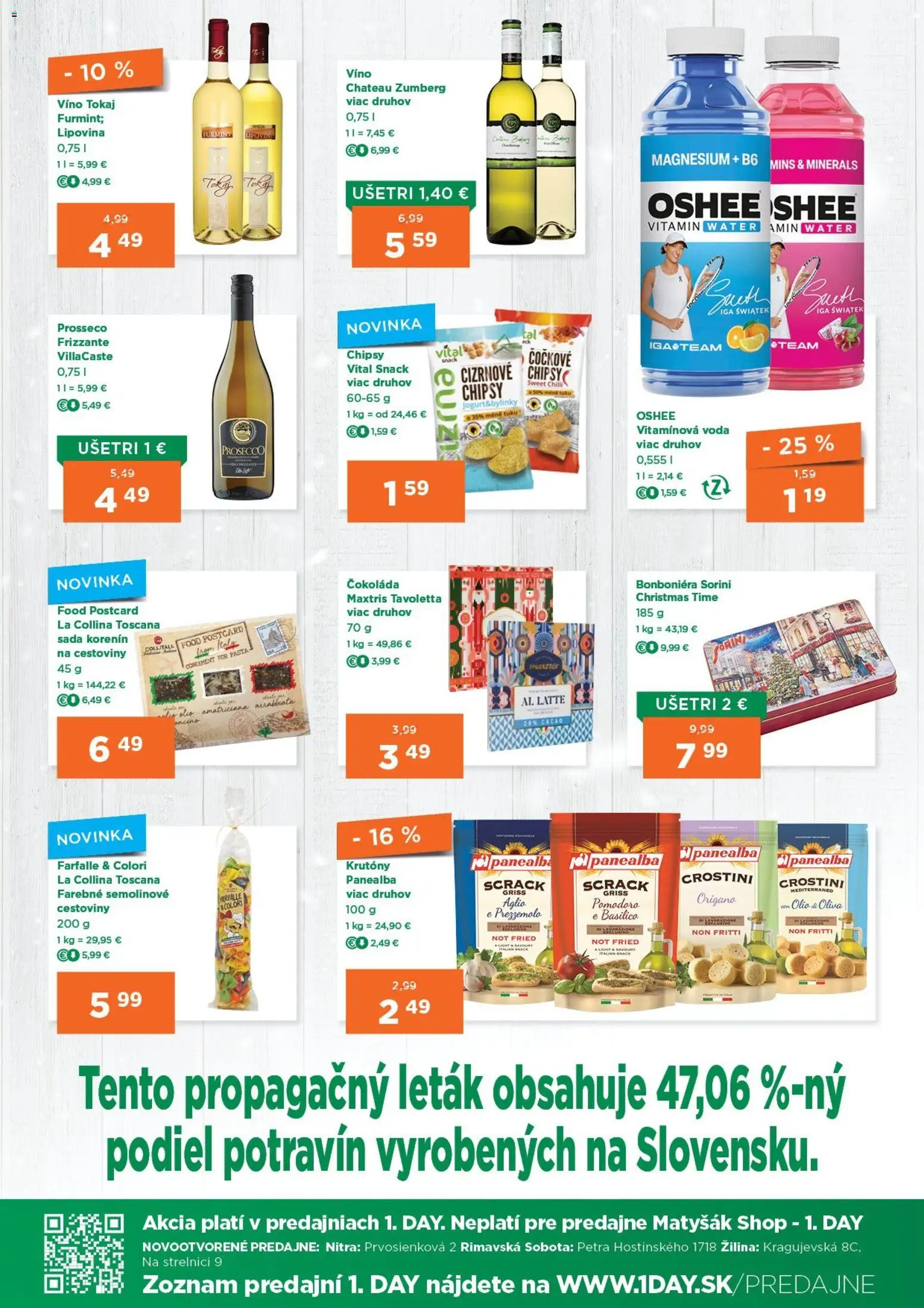 Nové 1day akcie – leták je platný od 15.01.2026 | Strana: 3 | Produkty: Víno, Cestoviny, Čokoláda, Voda