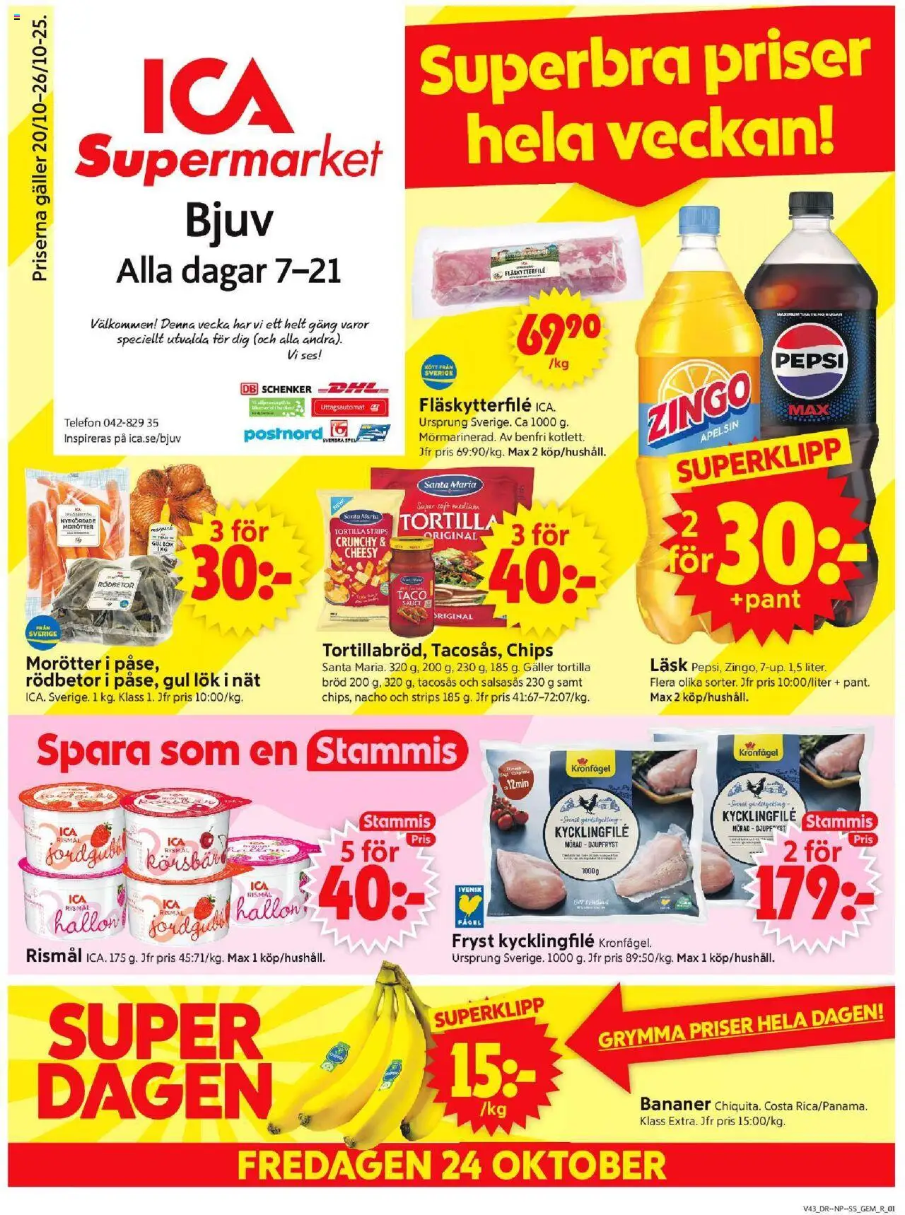 ICA Supermarket reklamblad aktuell från 20.10.2025 | Sida: 1 | Produkter: Kycklingfile, Chips, Bröd, Bananer
