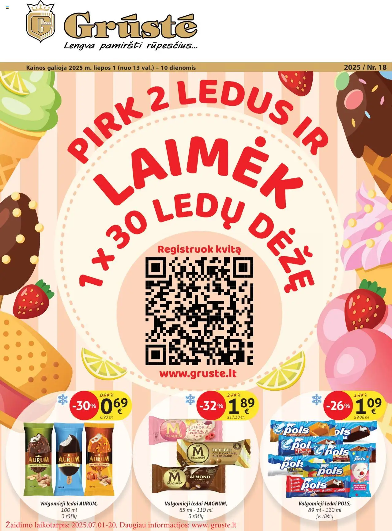 GRUSTE leidinys│galioja nuo 01.07.2025 | Puslapis: 1 | Prekių: Ledai, Dėžė, Plombyras, Valgomieji ledai