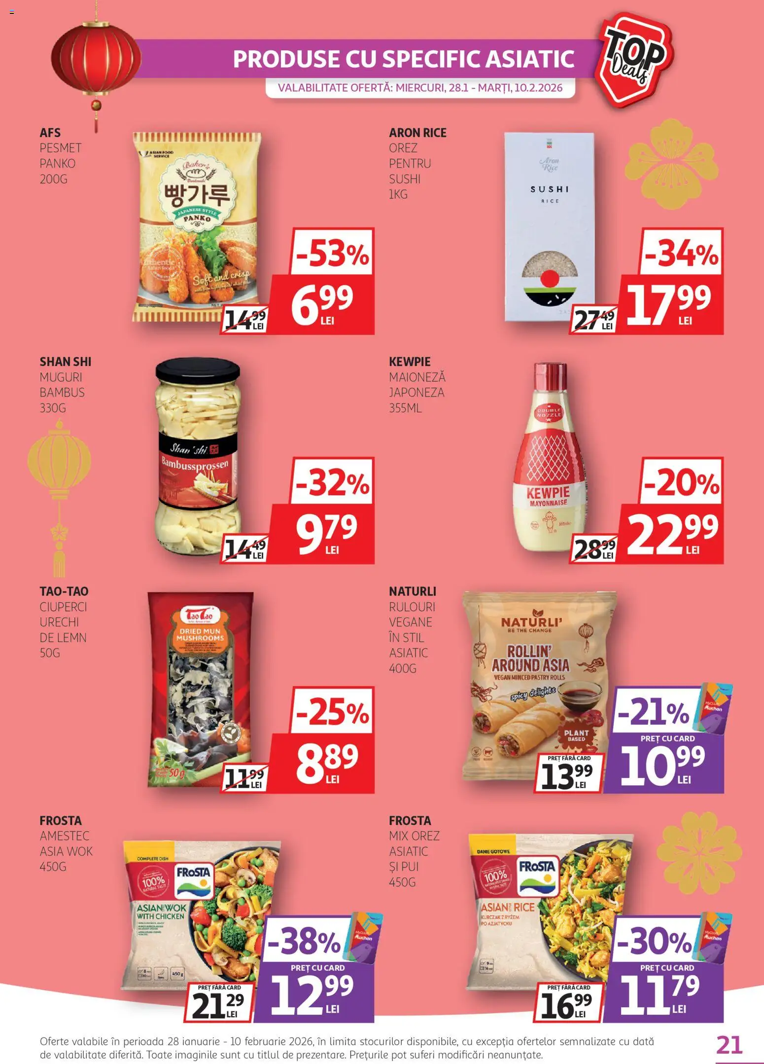 Noul catalog Auchan – valabil de la 28.01.2026 | Pagină: 21 | Produse: Delgeç, Hacıyatmaz Kedi Oyuncağı, Sushi, Ciuperci