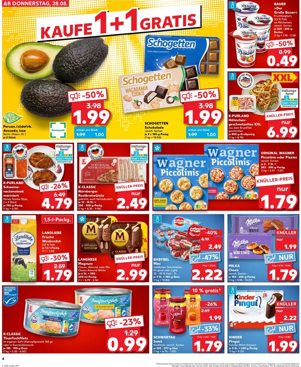 Kaufland Prospekt 	 - gültig ab dem 28.08.2025 | Seite: 4 | Produkte: Schokolade, Sonnenblumenol, Schogetten, Steak