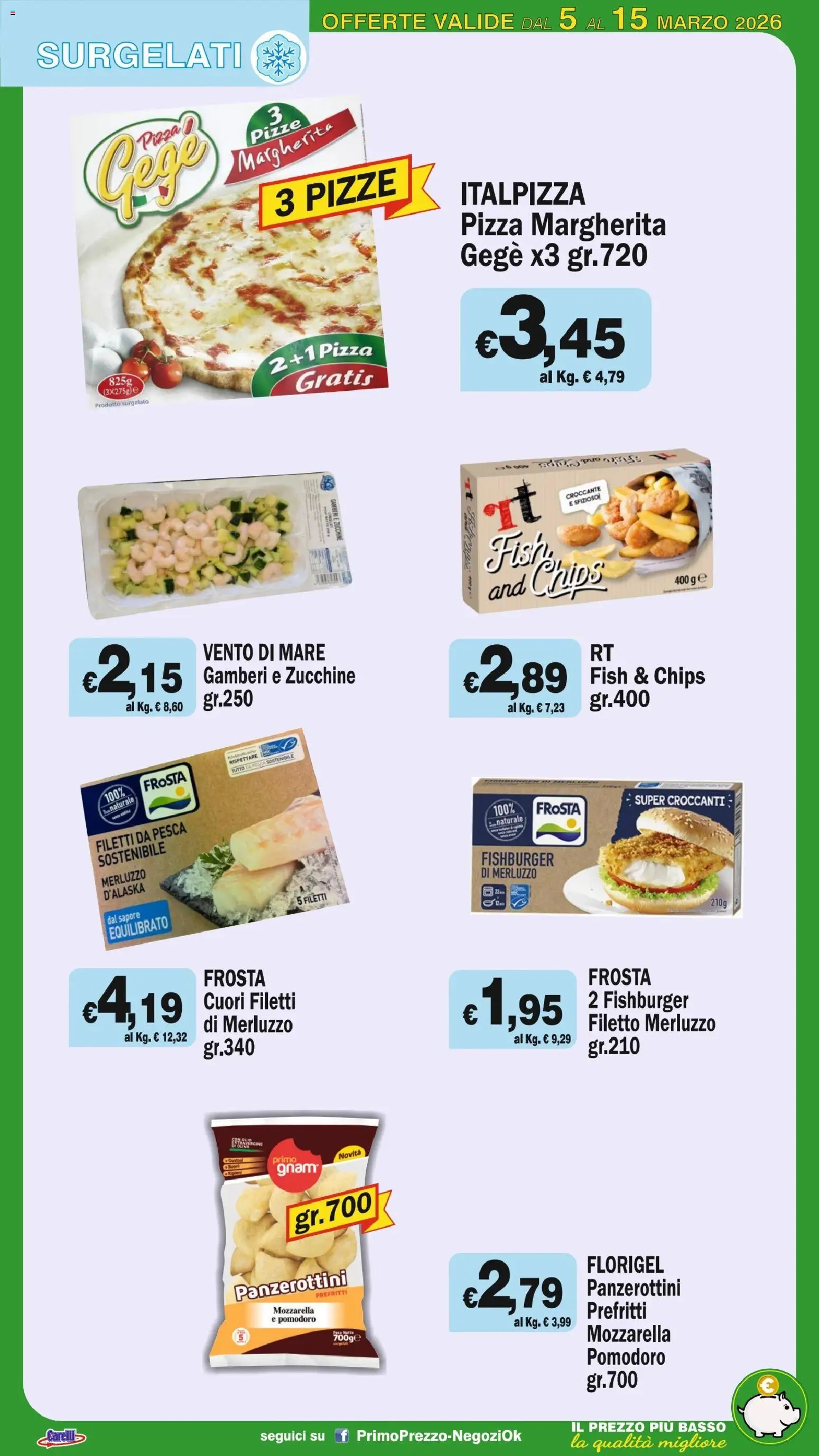 Volantino Primo Prezzo del 05.03.2026 | Pagina: 34 | Prodotti: Merluzzo, Mozzarella, Pesca, Zucchine