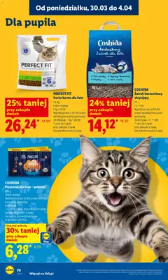 Pogląd oferty "Lidl gazetka" - ważna od 30.03.2026 | Strona: 70 | Produkty: Żwirek dla kota, Karma dla kota, Body, Żwirek bentonitowy