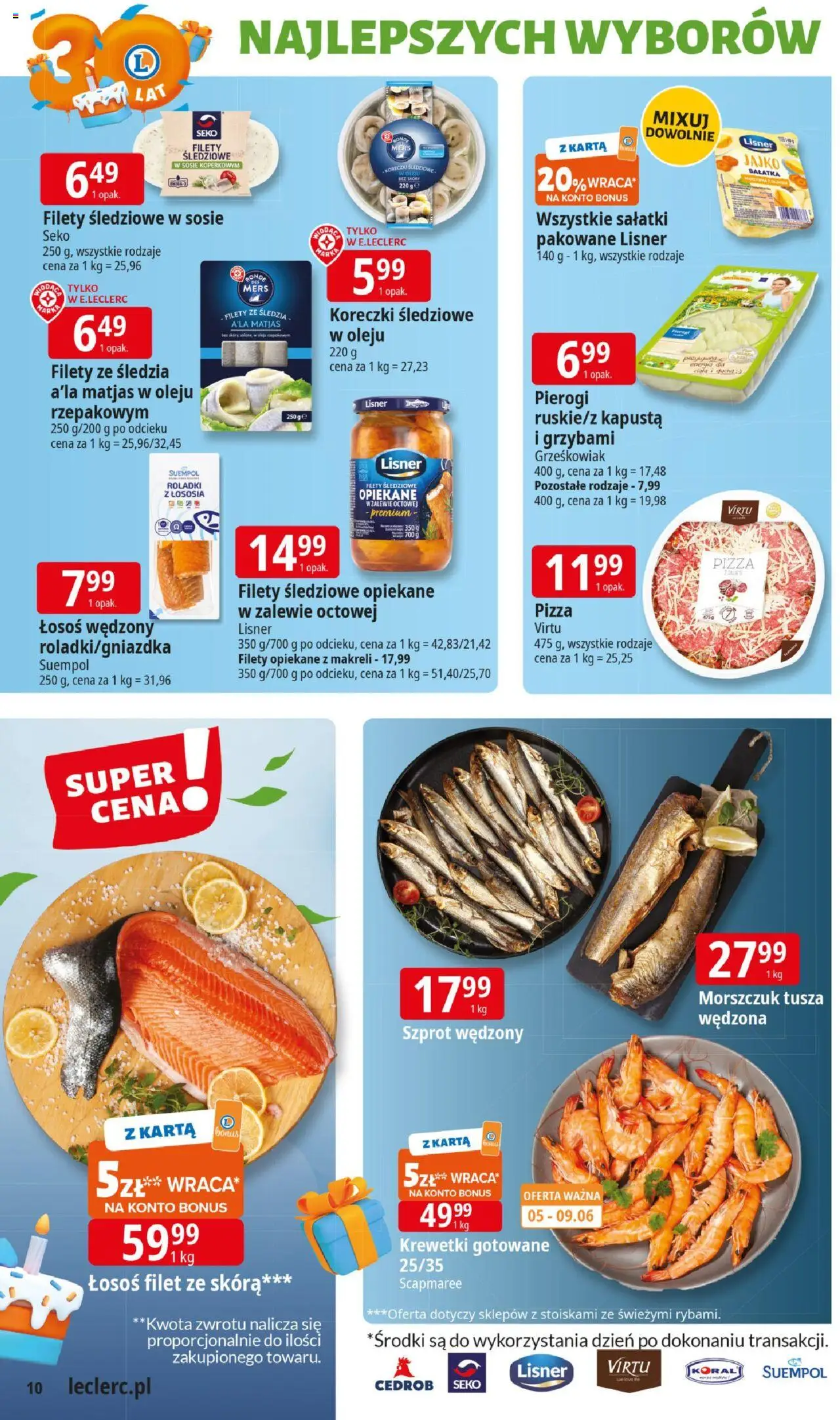 E.Leclerc Gazetka - Elbląg 30 lat od 02.06.2025 | Strona: 10 | Produkty: Karta, Krewetki, Łosoś, Morszczuk