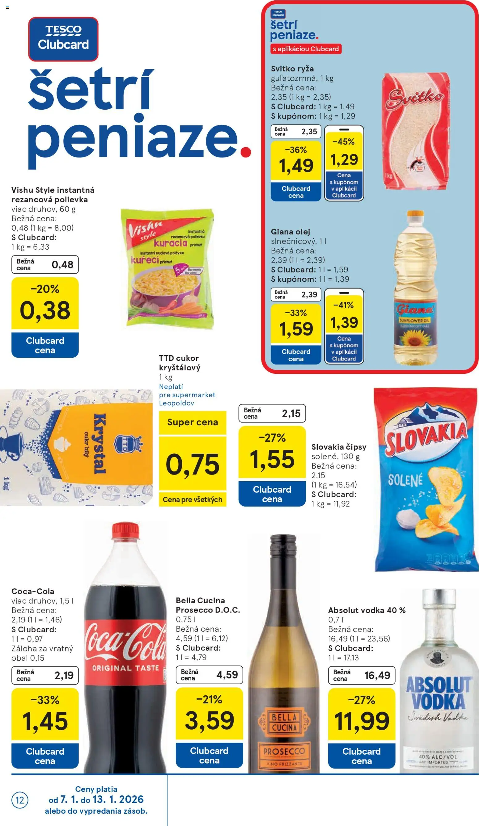 Nové Tesco akcie – leták je platný od 07.01.2026 | Strana: 12 | Produkty: Víno, Prosecco, Cukor, Absolut vodka