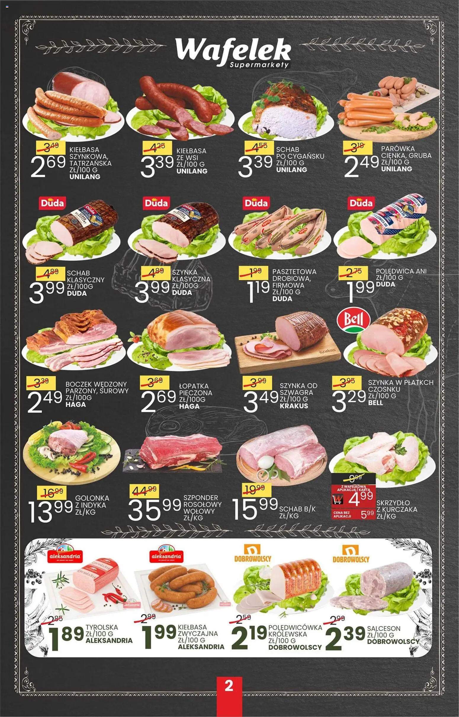 Wafelek Gazetka od 23.02.2026 | Strona: 2 | Produkty: Kiełbasa, Szynka, Boczek wędzony, Boczek