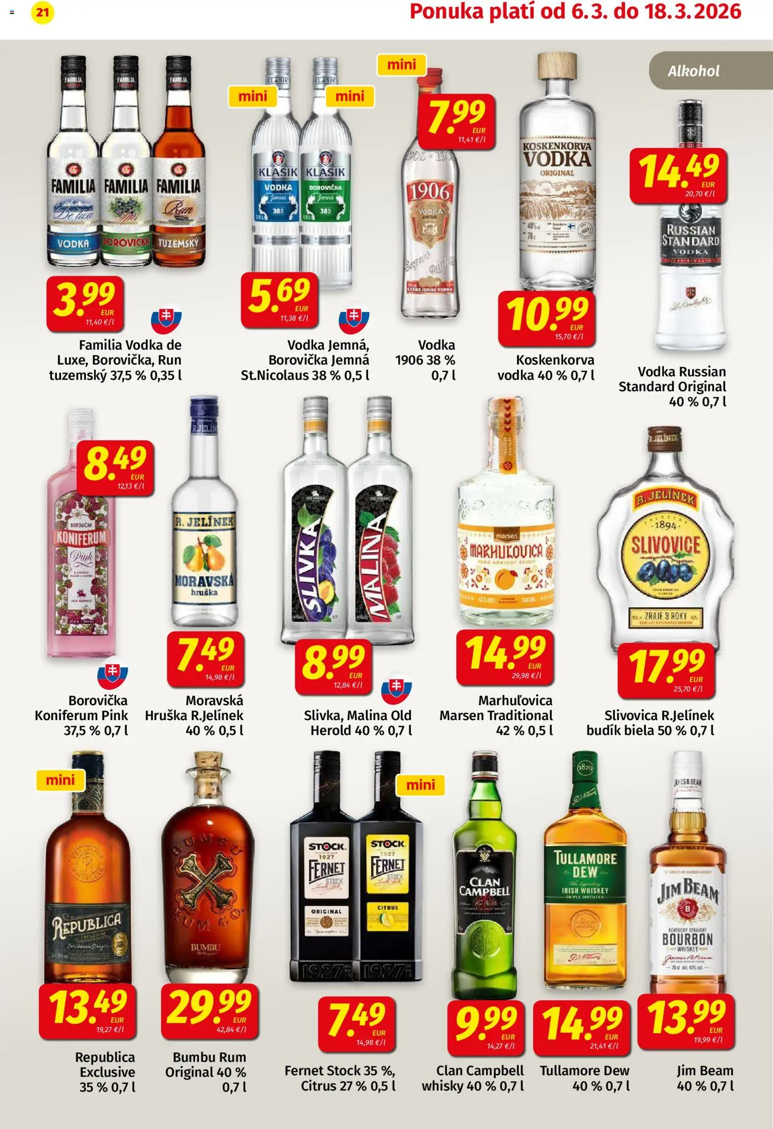 Nové Koruna akcie – leták je platný od 06.03.2026 | Strana: 21 | Produkty: Borovička, Republica, Budík, Rum