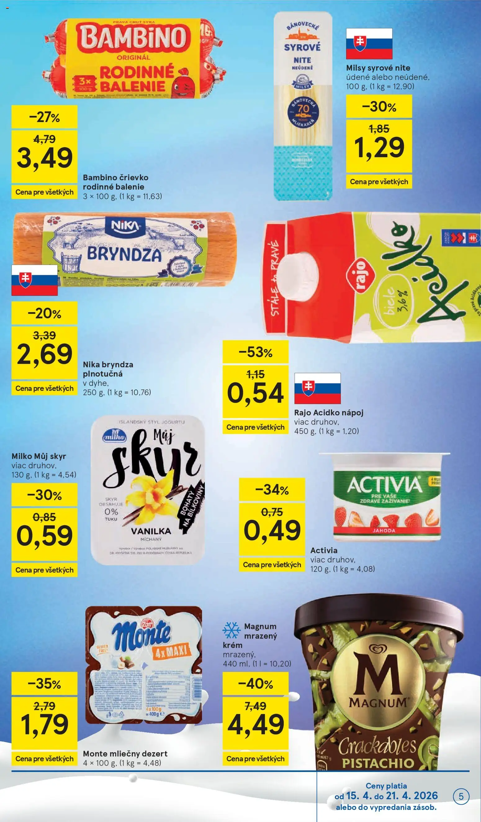 Nové Tesco akcie – leták je platný od 15.04.2026 | Strana: 5 | Produkty: Skyr, Bryndza, Magnum, Krém