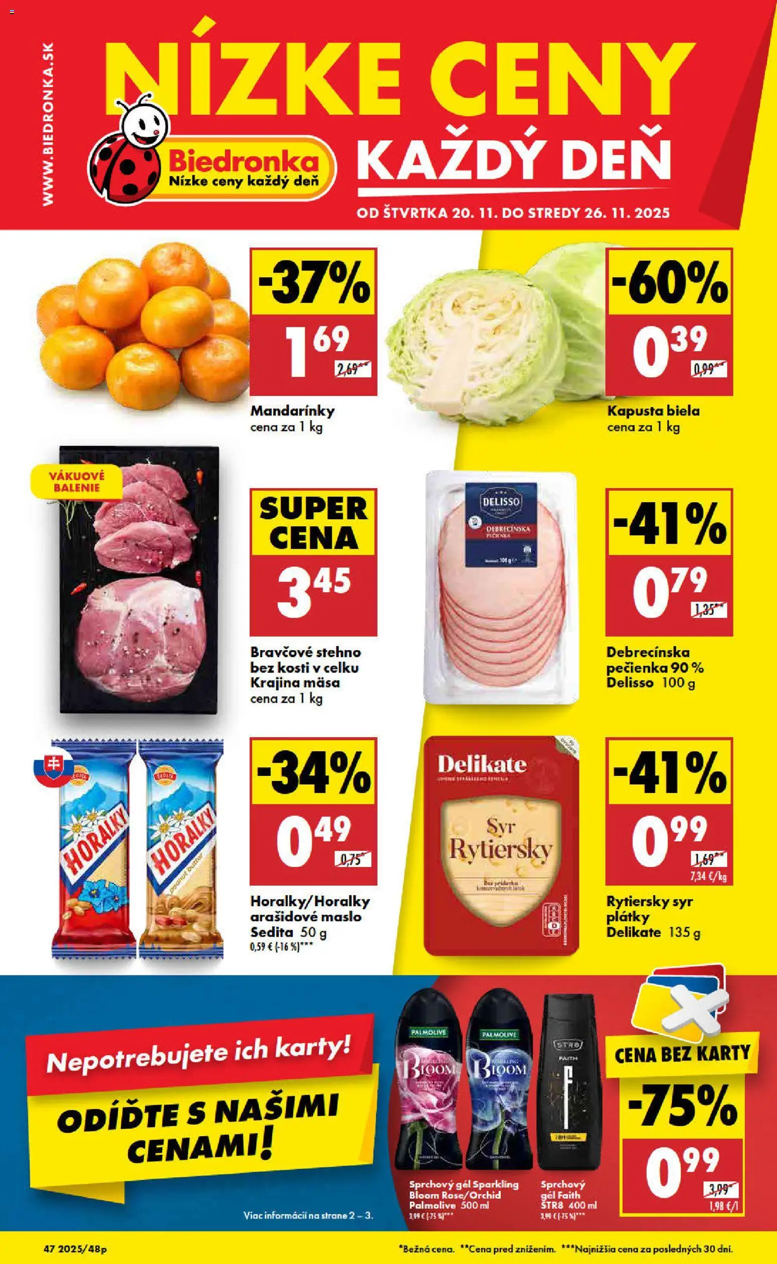 Nové Biedronka akcie – leták je platný od 20.11.2025 | Strana: 1 | Produkty: Maslo, Bravčové stehno, Mandarinky, Horálky