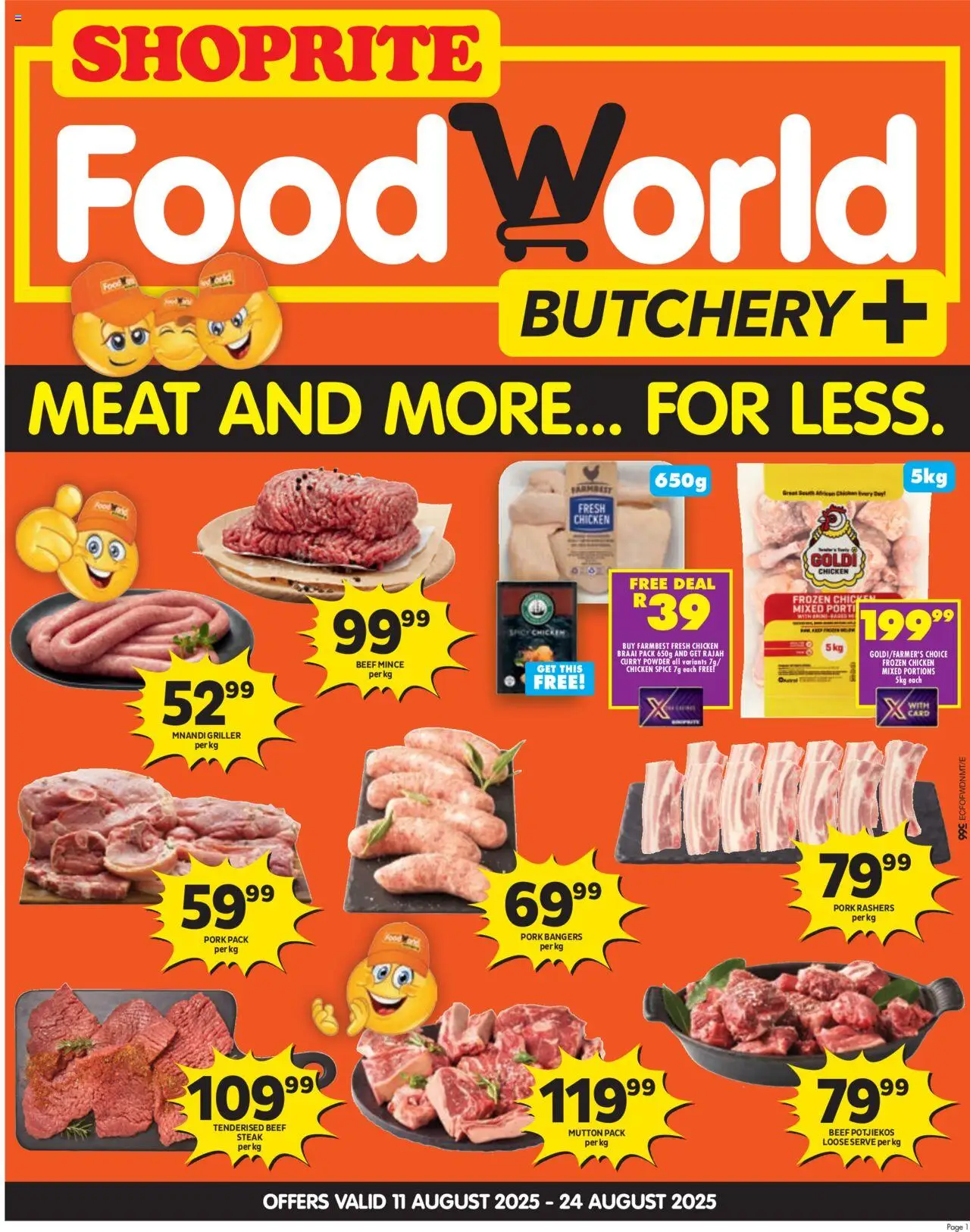 Shoprite Eastern Cape - FoodWorld Mid Month Leaflet Korsten │ valid from 11.08.2025 | Page: 1 | Products: Chicken, Beef, Curry powder, Griller