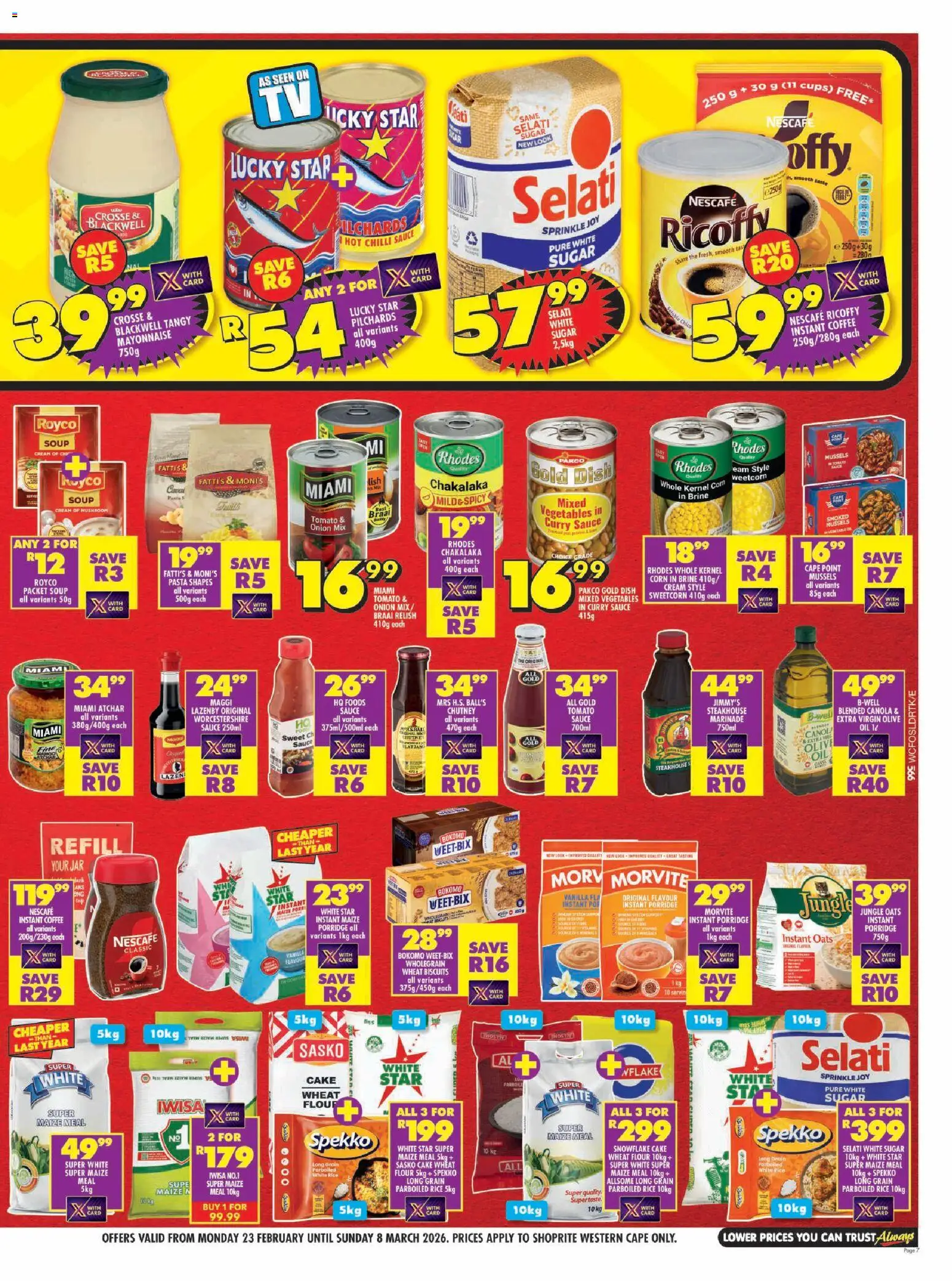 New Shoprite catalogue – valid from 23.02.2026 | Page: 7 | Products: Cake, Maize meal, Oats, Braai relish