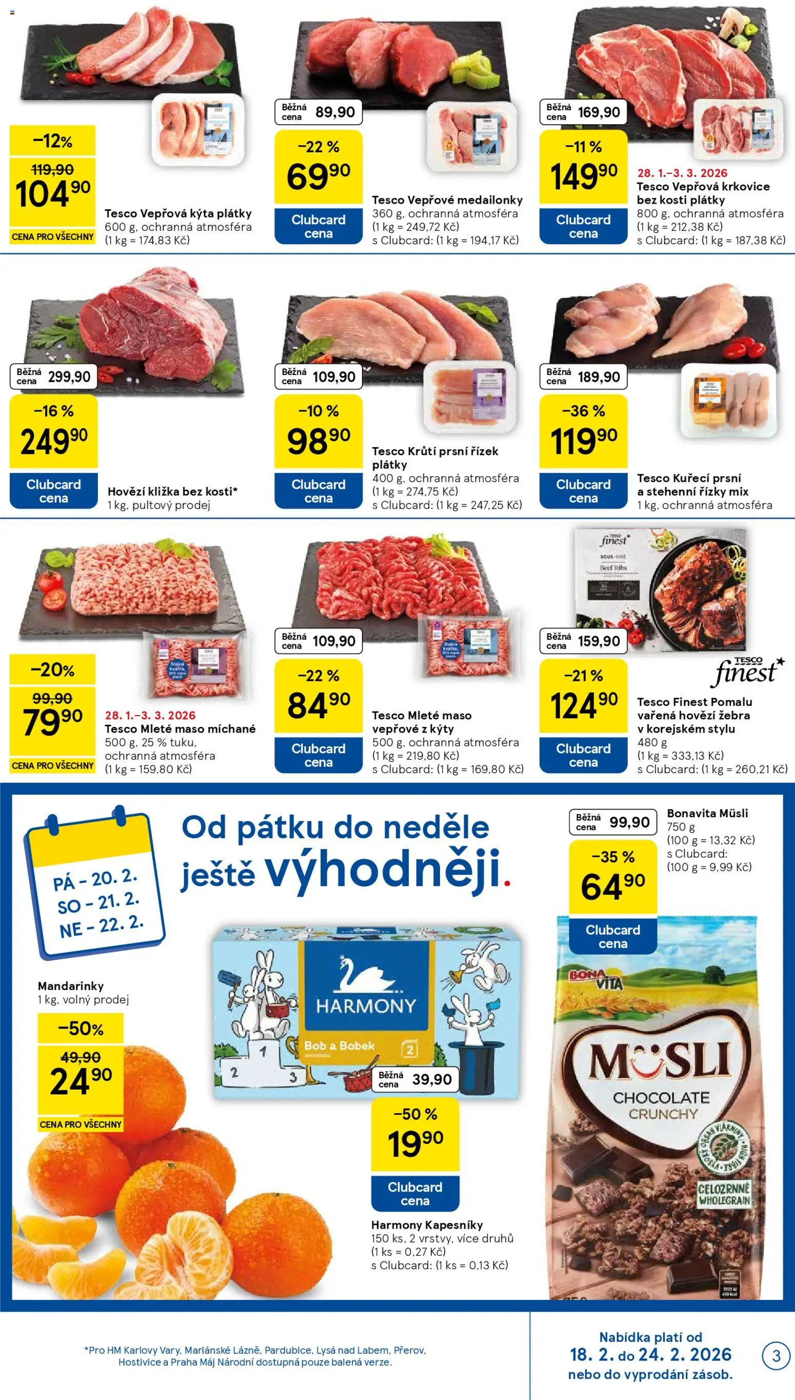 Tesco leták - Hypermarket od 18.02.2026 | Strana: 3 | Produkty: Hovězí, Vepřová krkovice bez kosti, Stehenní řízky, Müsli