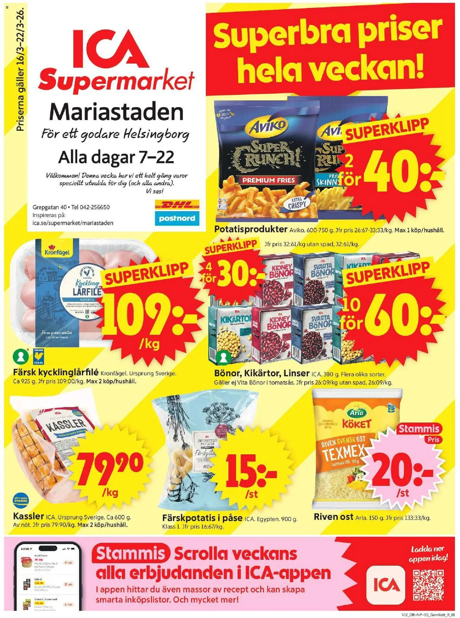 ICA Supermarket reklamblad aktuell från 16.03.2026 | Sida: 1 | Produkter: Färskpotatis, Svarta bönor, Kassler, Potatis
